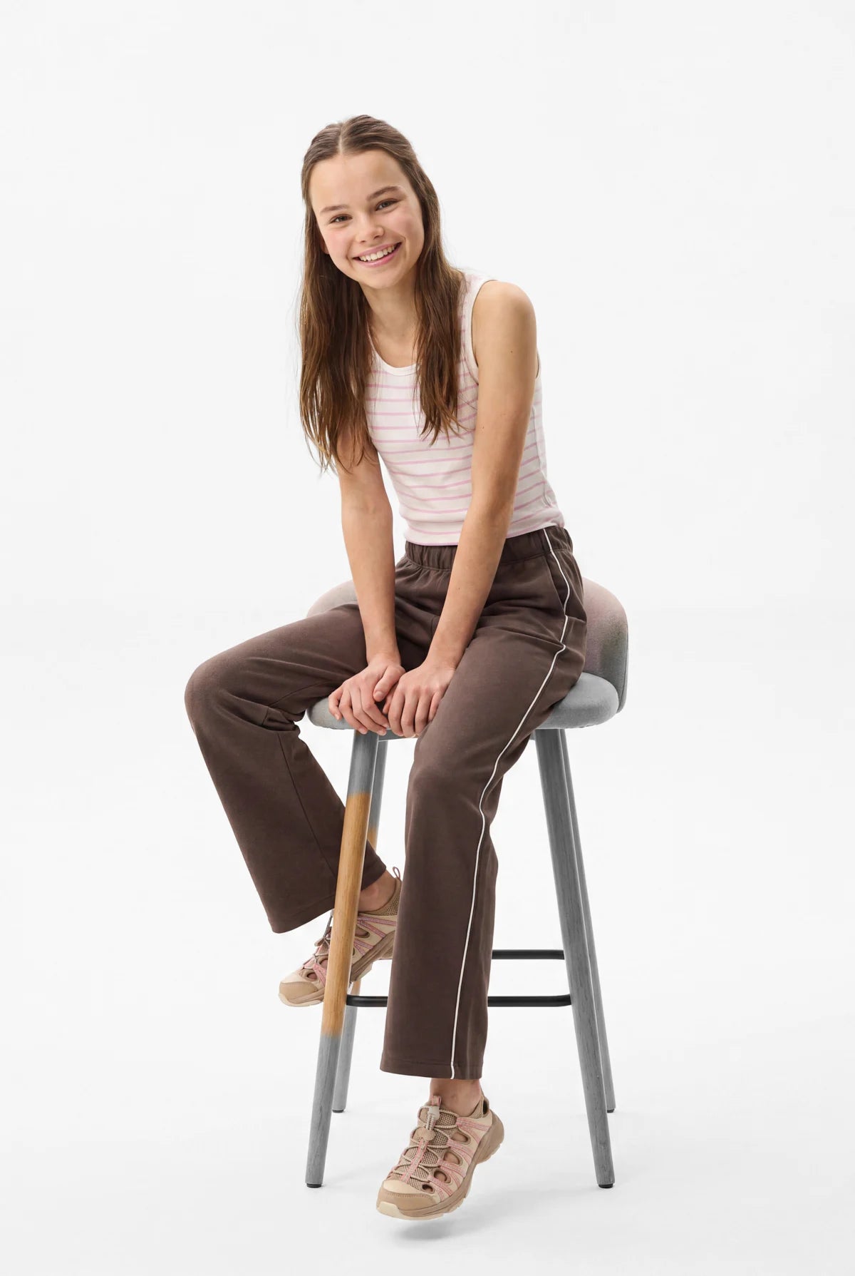 Girls' White Striped Wide Leg Trousers