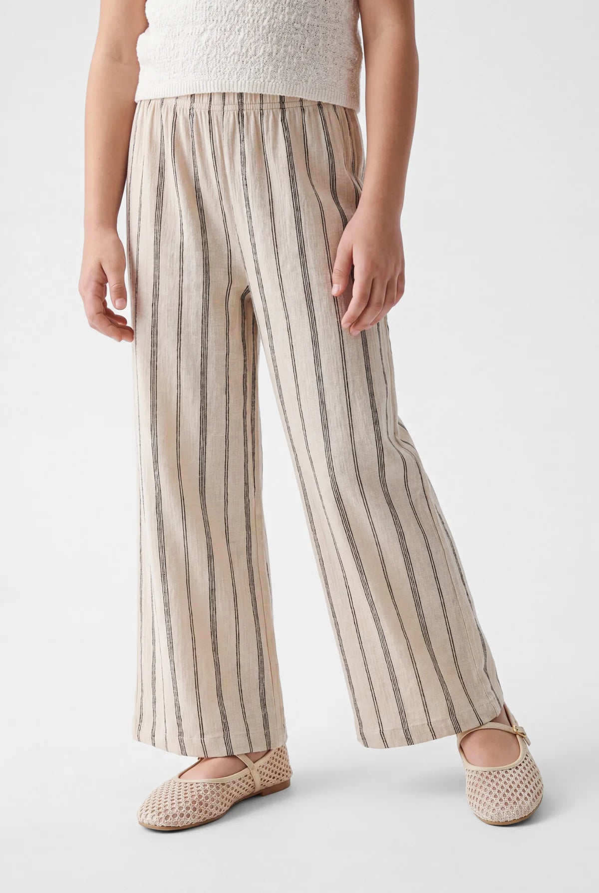 Girls' Striped Wide Leg Trousers with Elastic Waistband