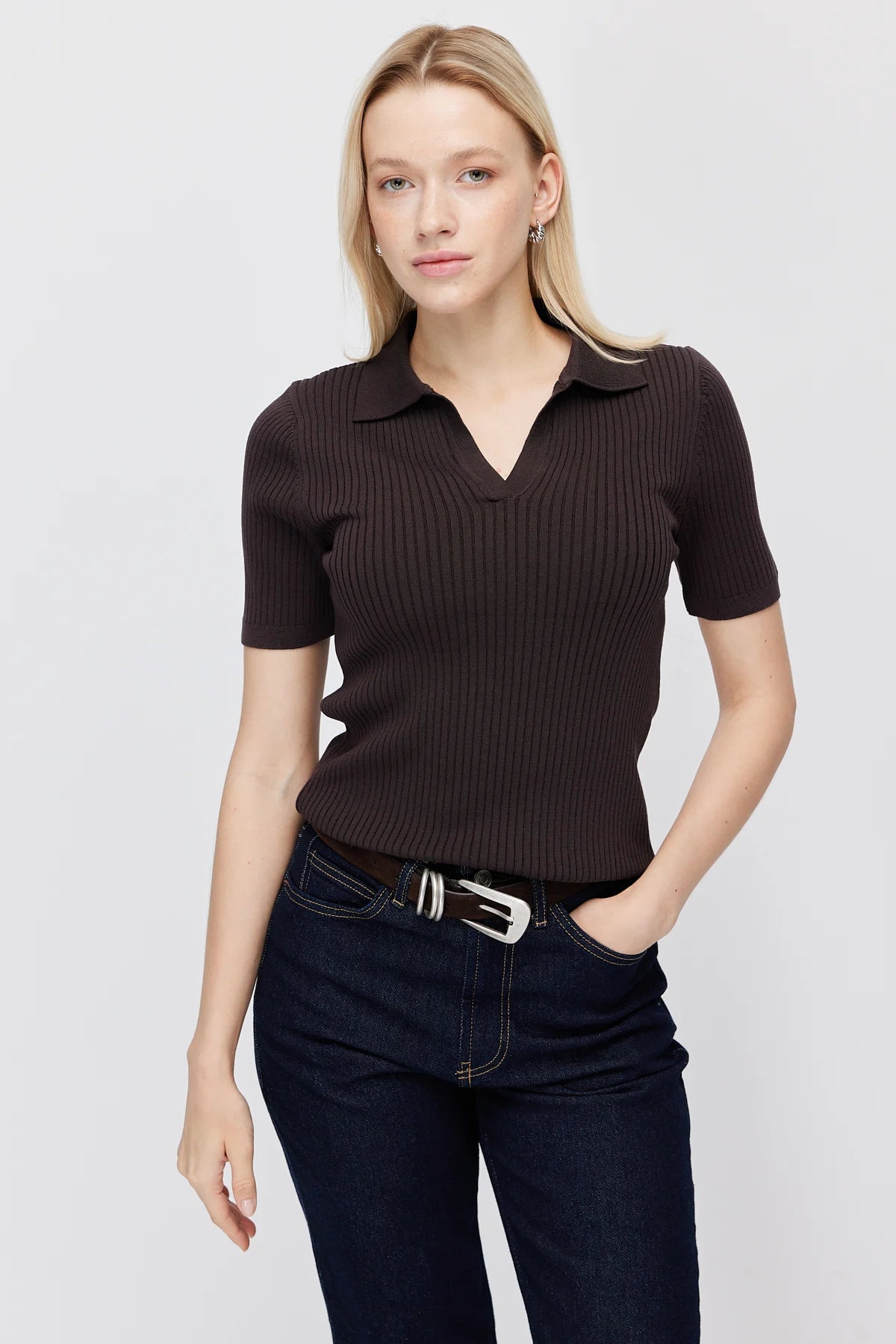 Paulmark Women's Ribbed Polo Collar Knit T-shirt