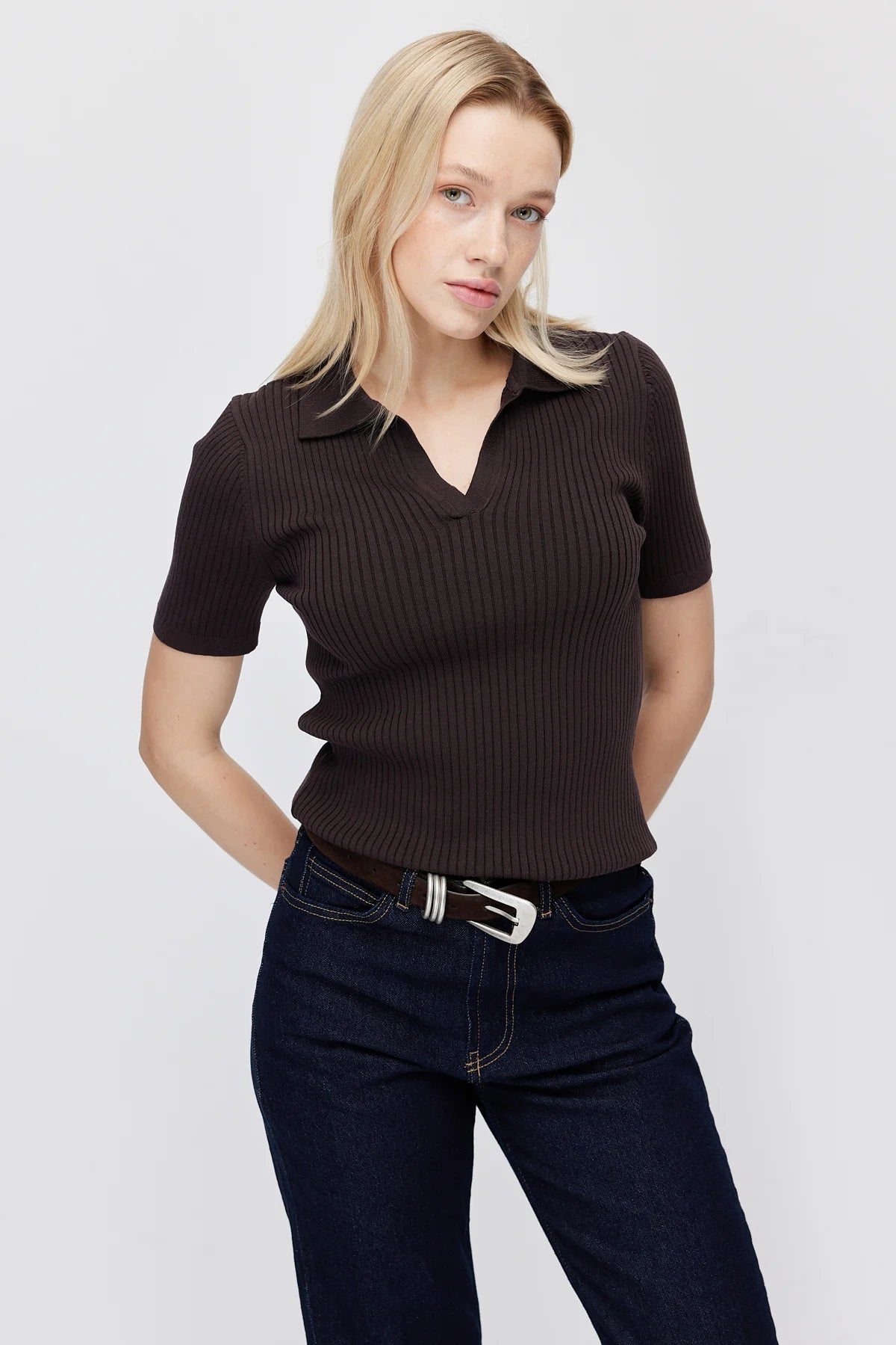 Paulmark Women's Ribbed Polo Collar Knit T-shirt