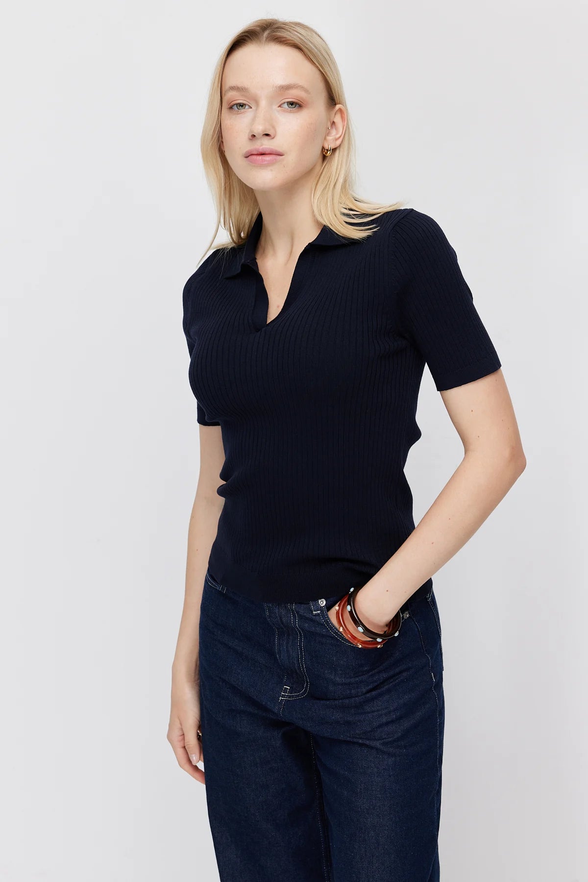 Paulmark Women's Ribbed Polo Collar Knit T-shirt