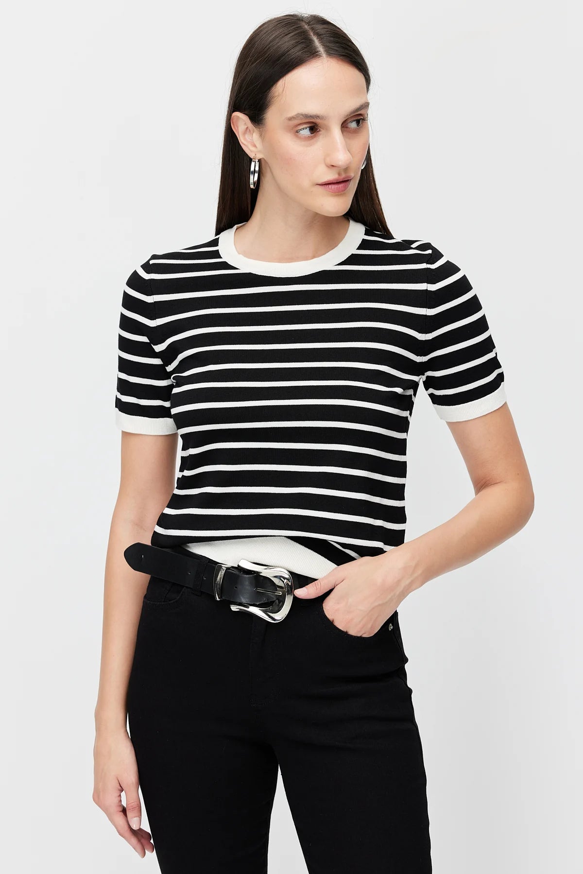 Women's Crew Neck Striped Knit T-shirt
