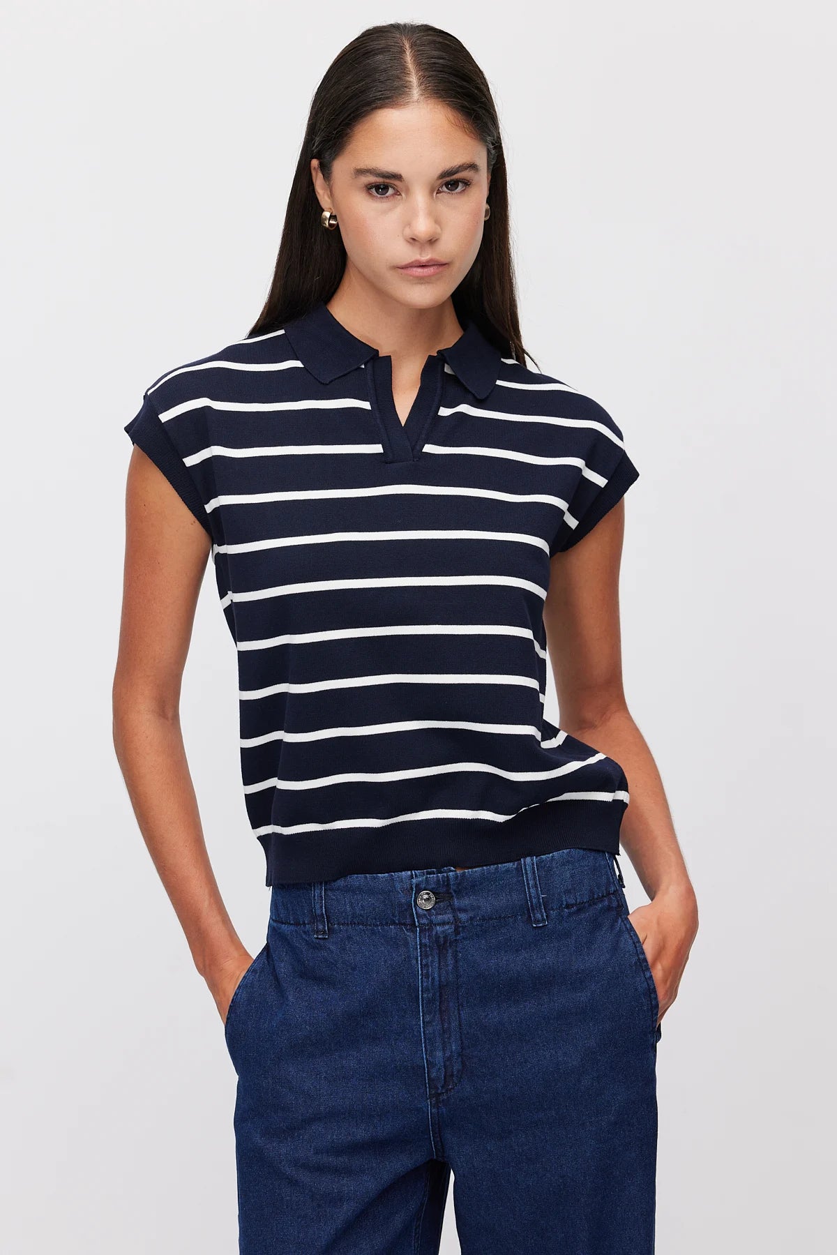 Women's Polo Collar Striped Sleeveless Knit T-Shirt