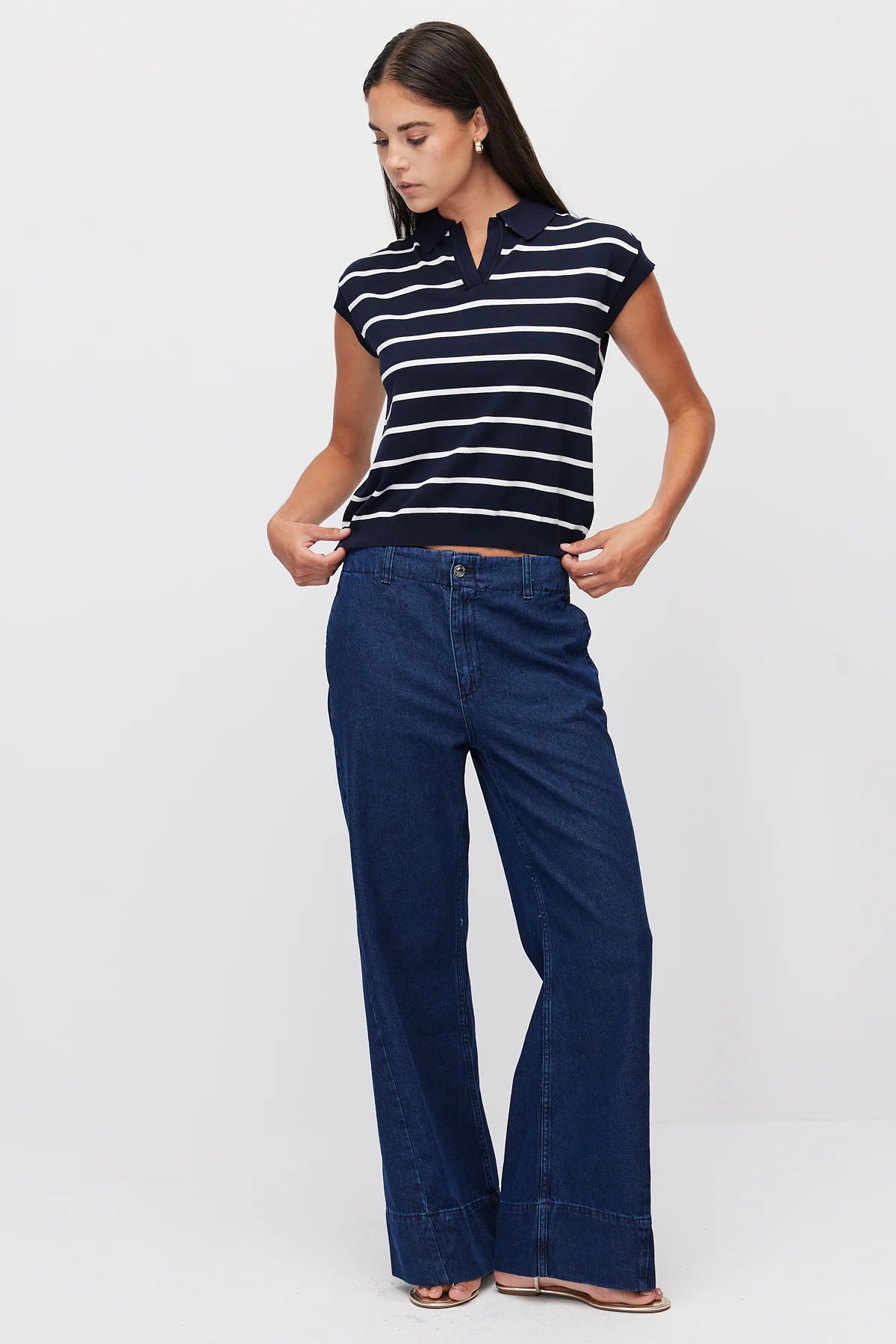 Women's Polo Collar Striped Sleeveless Knit T-Shirt