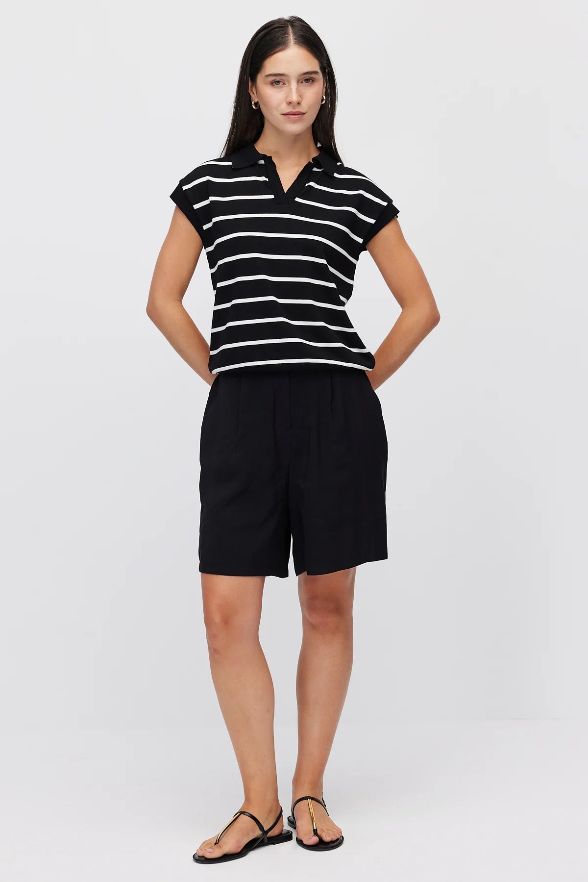 Women's Polo Collar Striped Sleeveless Knit T-Shirt