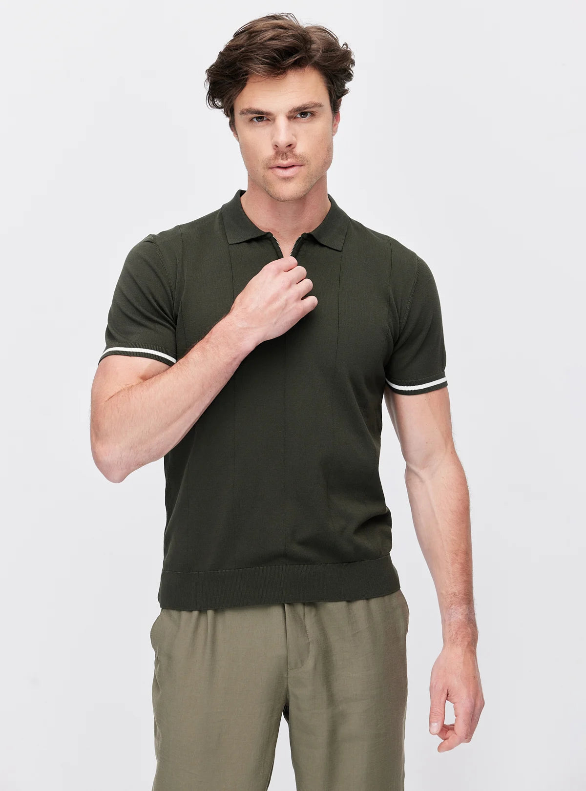 Men's Zip-Up Collar Striped Detail Knit T-Shirt