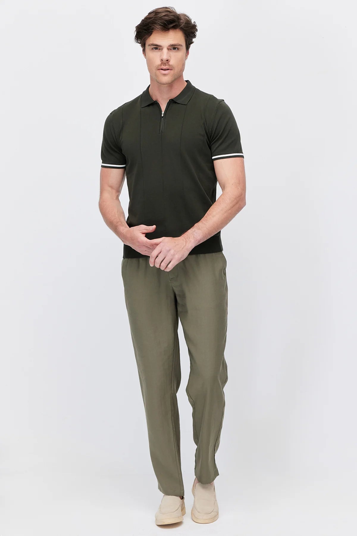 Men's Zip-Up Collar Striped Detail Knit T-Shirt