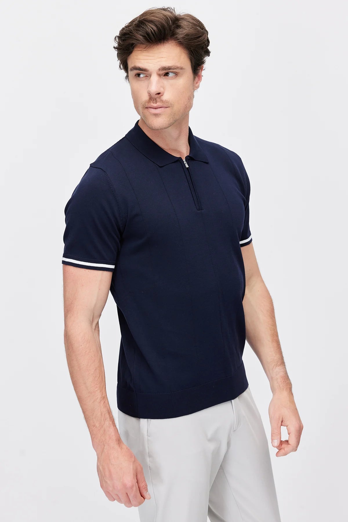 Men's Zip-Up Collar Striped Detail Knit T-Shirt