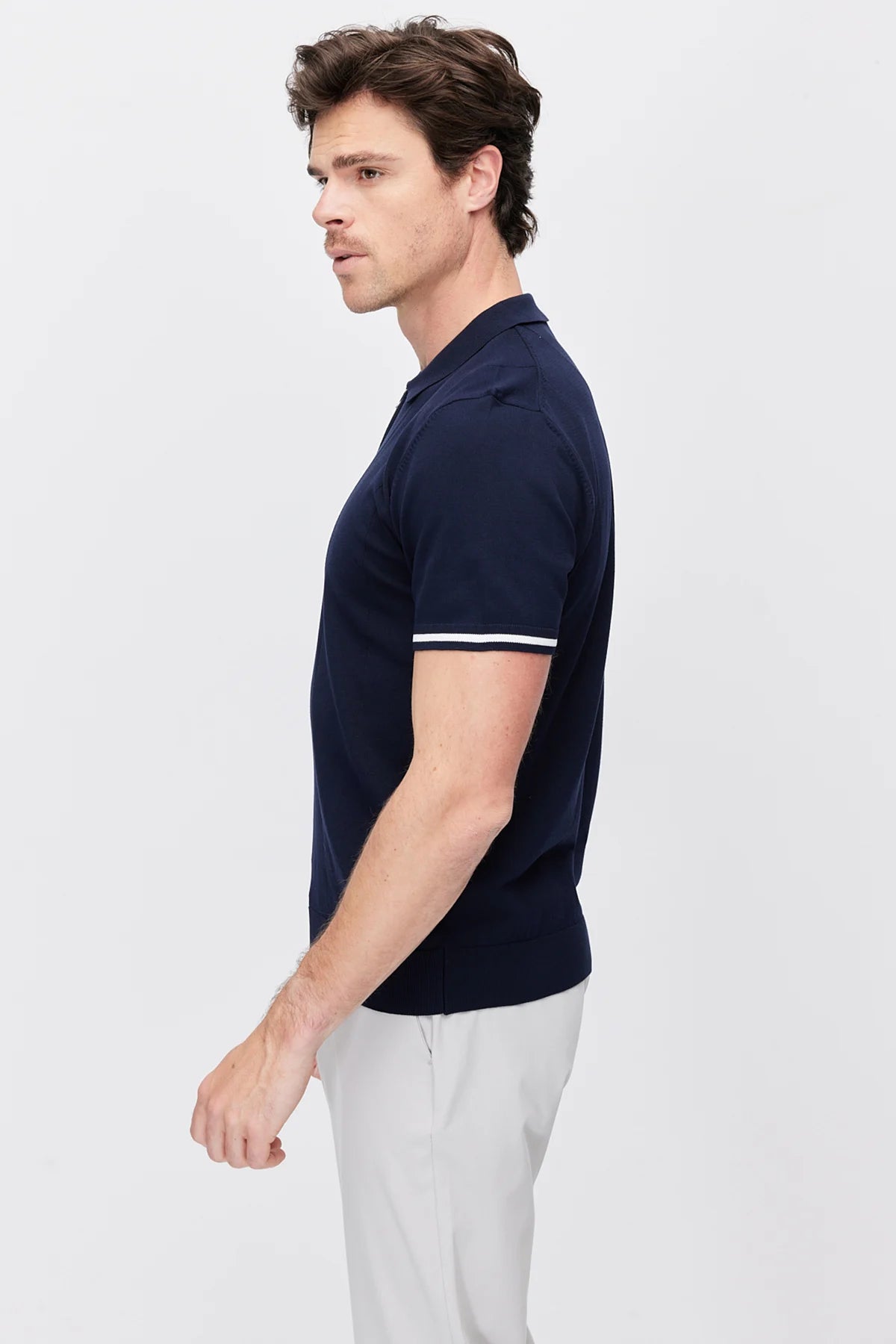 Men's Zip-Up Collar Striped Detail Knit T-Shirt