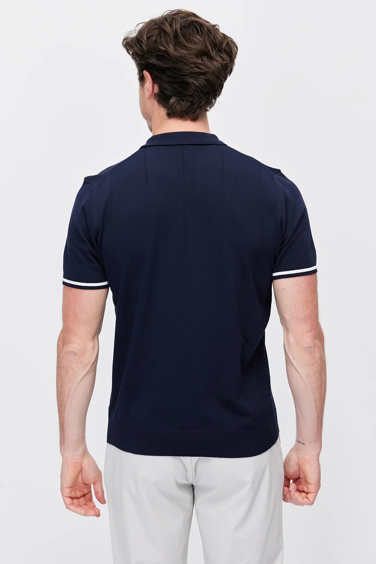 Men's Zip-Up Collar Striped Detail Knit T-Shirt