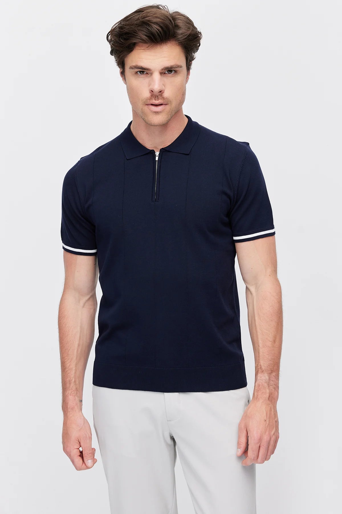 Men's Zip-Up Collar Striped Detail Knit T-Shirt