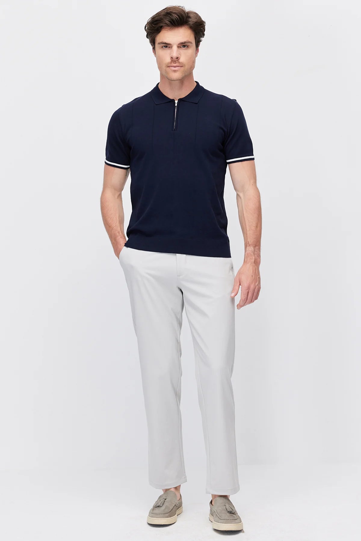 Men's Zip-Up Collar Striped Detail Knit T-Shirt