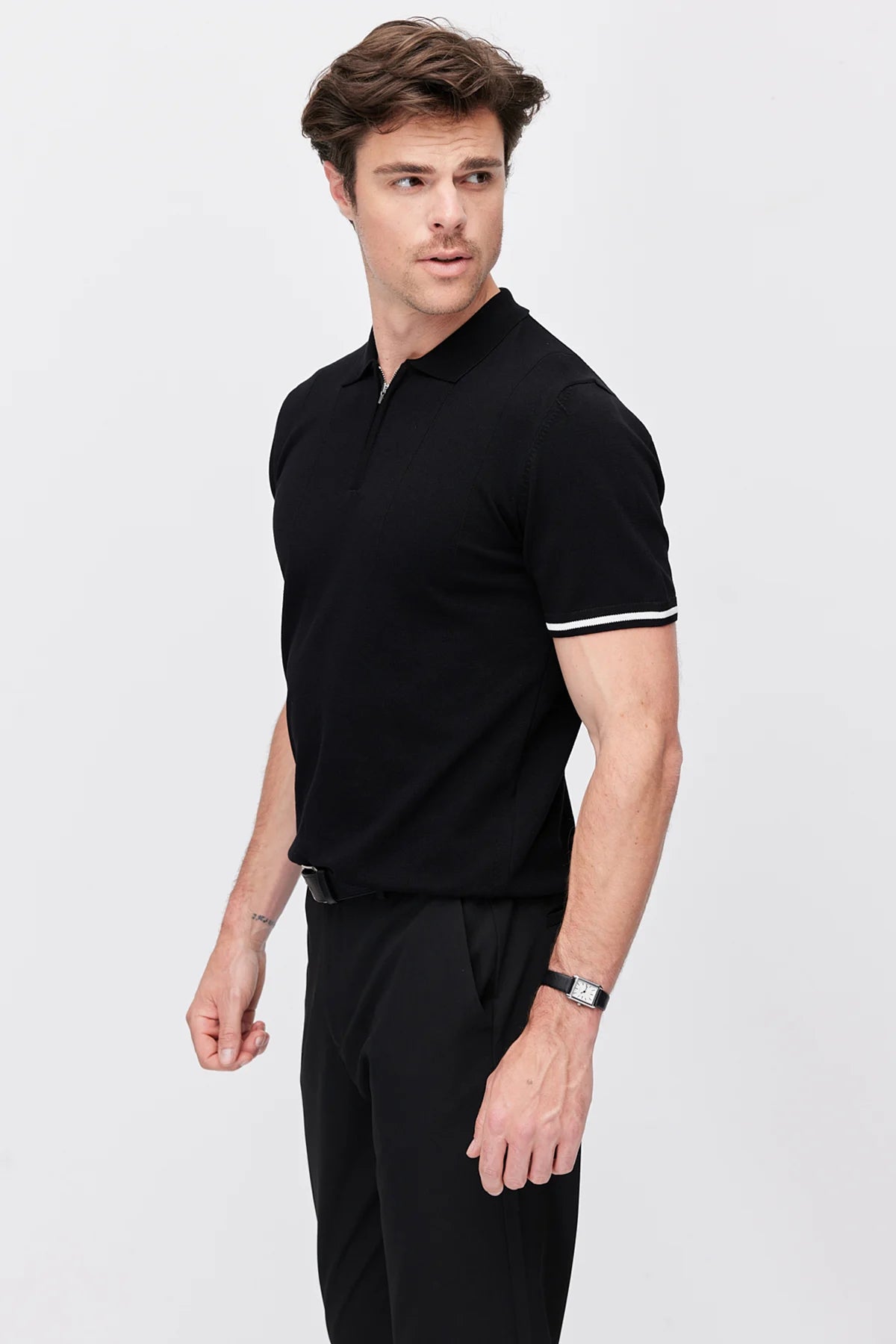Men's Zip-Up Collar Striped Detail Knit T-Shirt