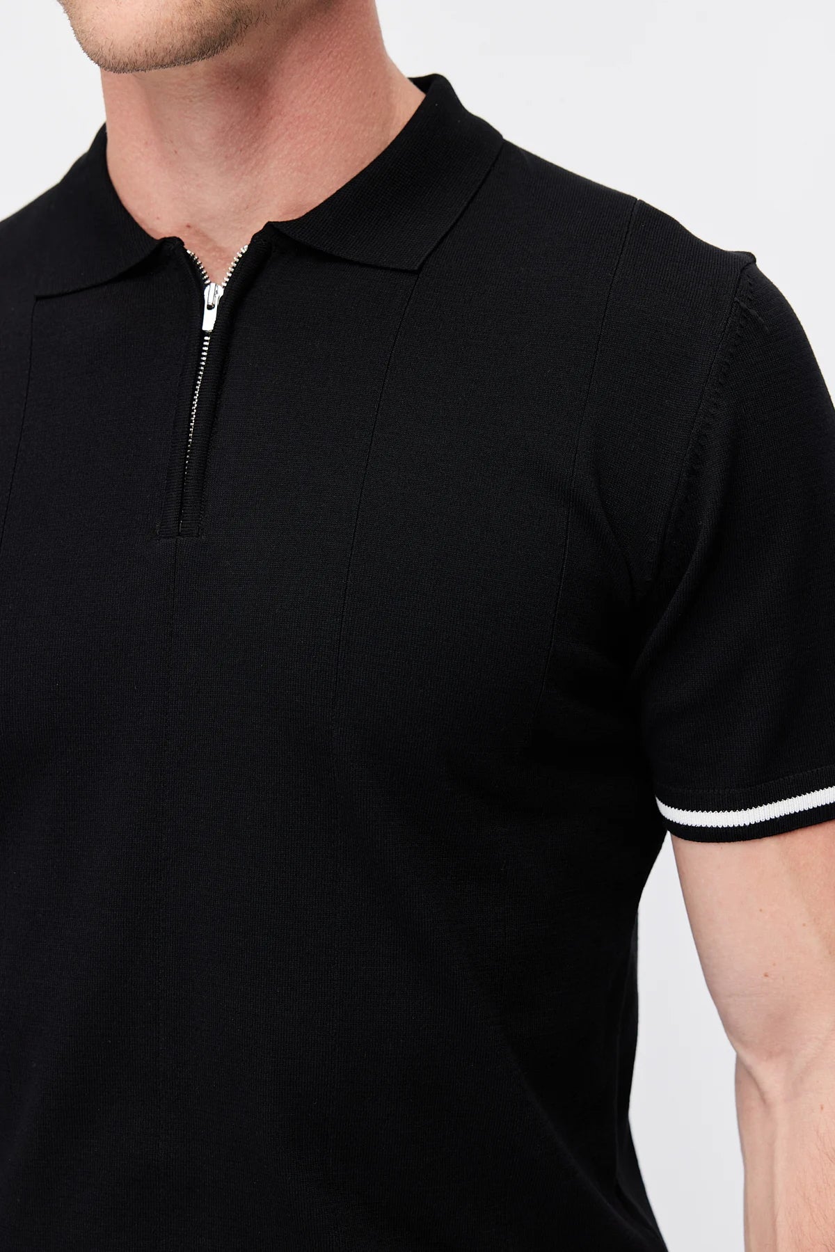 Men's Zip-Up Collar Striped Detail Knit T-Shirt