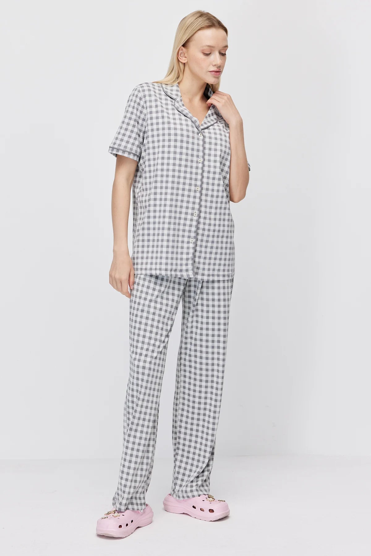 Women's Shirt Collar Plaid Pajama Set