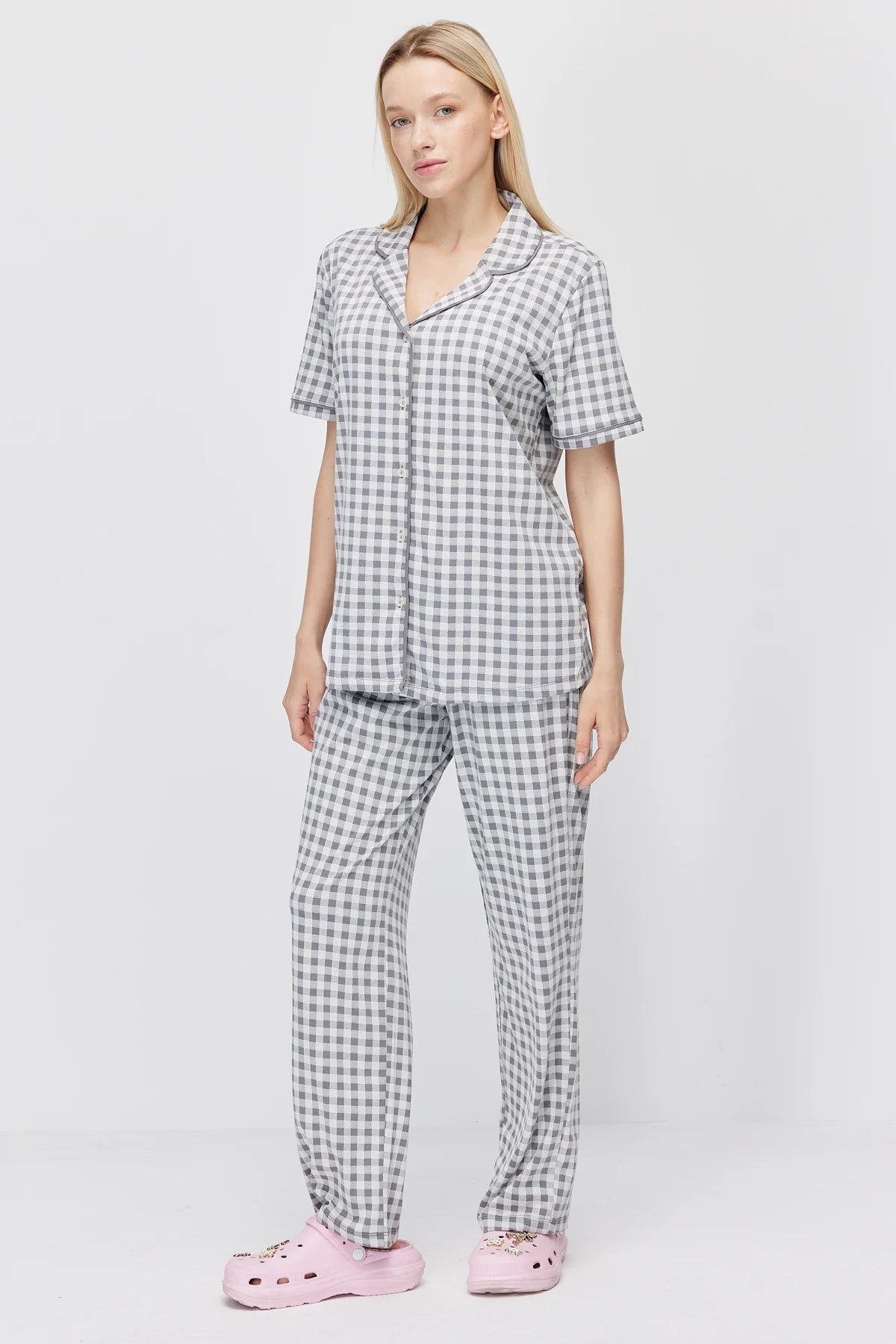 Women's Shirt Collar Plaid Pajama Set