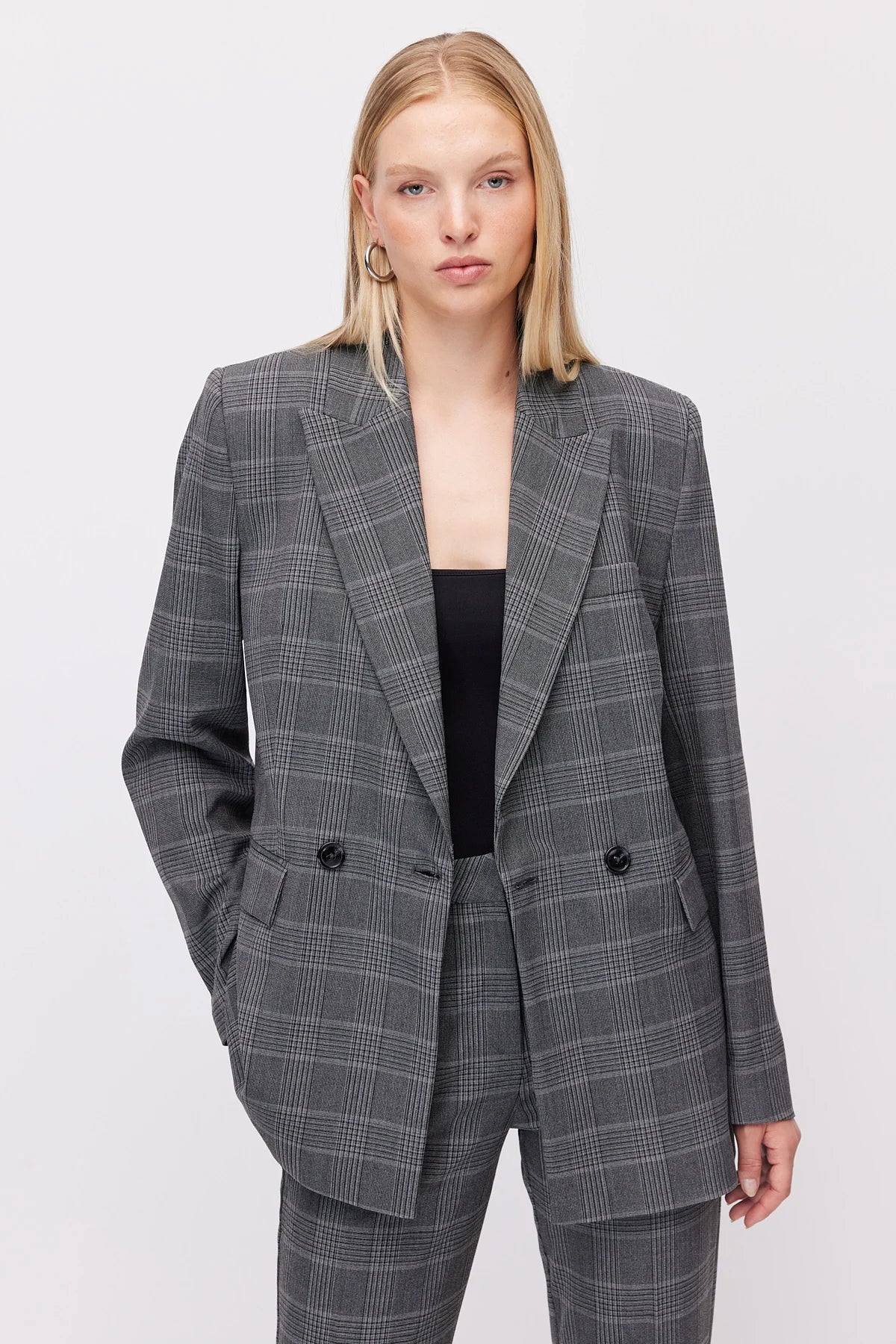 Women's Plaid Button-Down Blazer Jacket