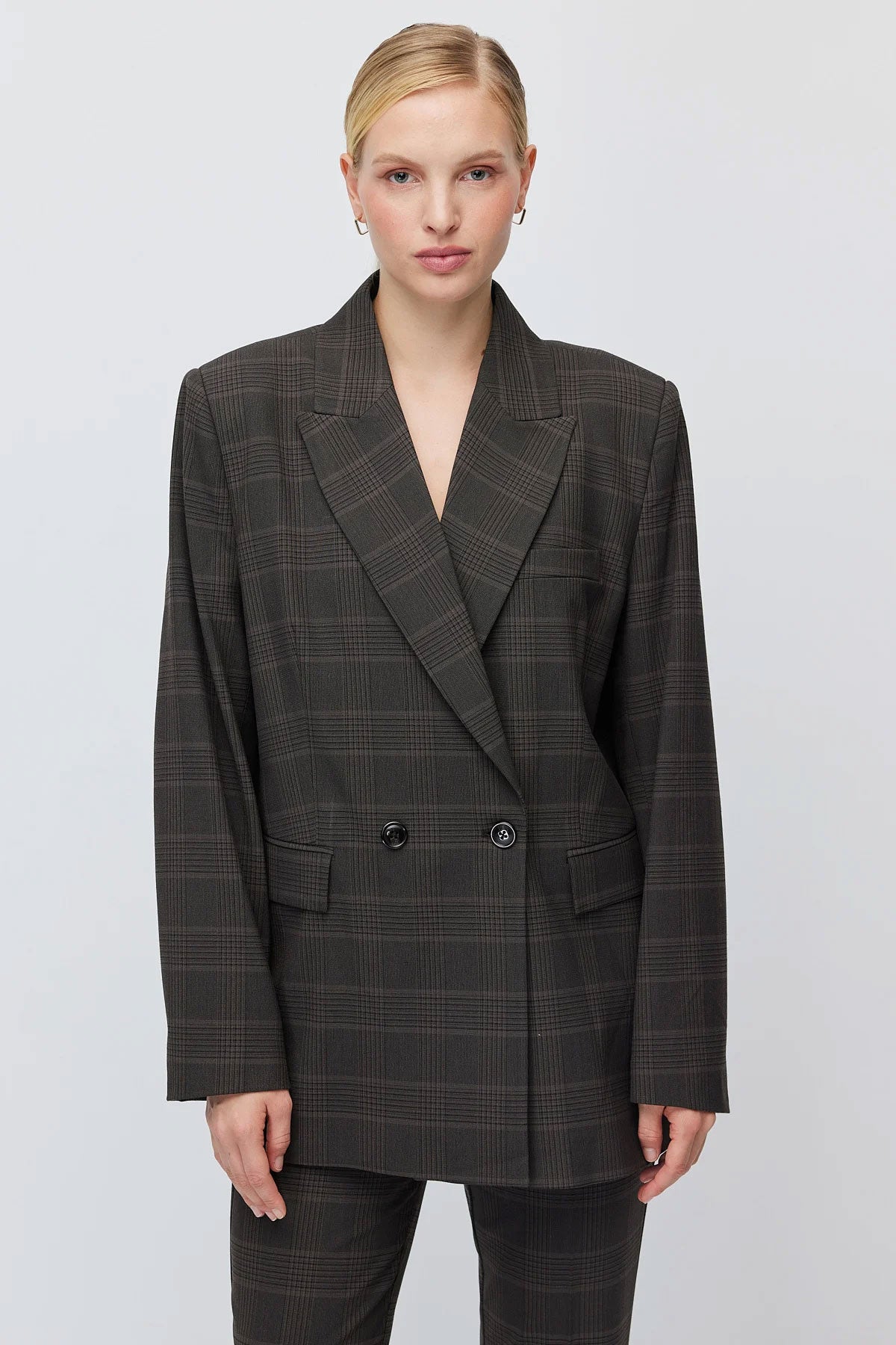 Women's Plaid Button-Down Blazer Jacket