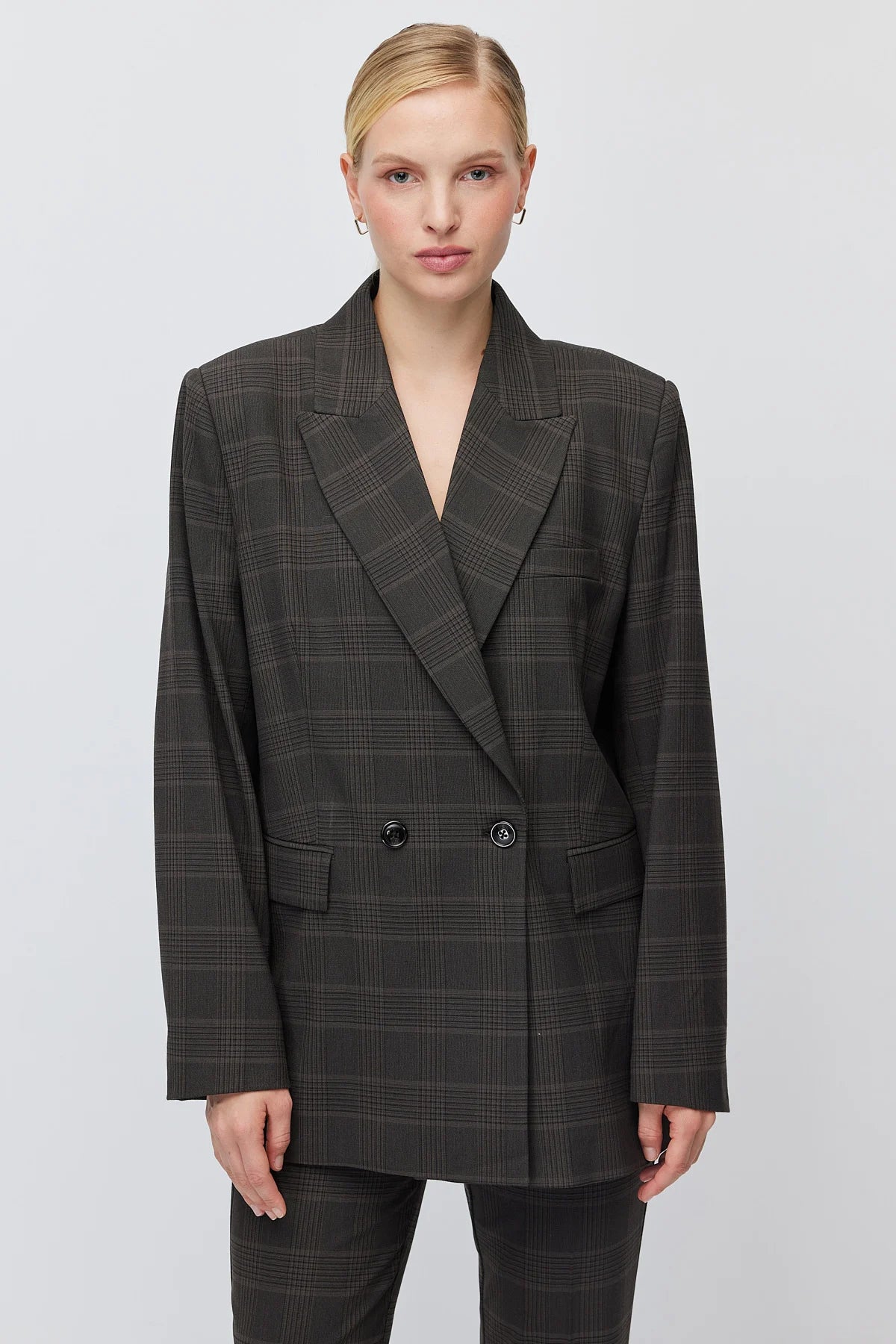 Women's Plaid Button-Down Blazer Jacket