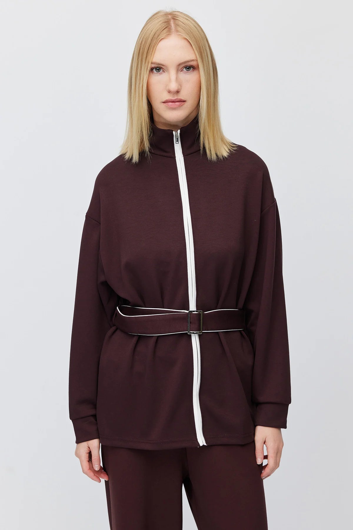 Kadın Beli Kemerli Dik Yaka Sweatshirt