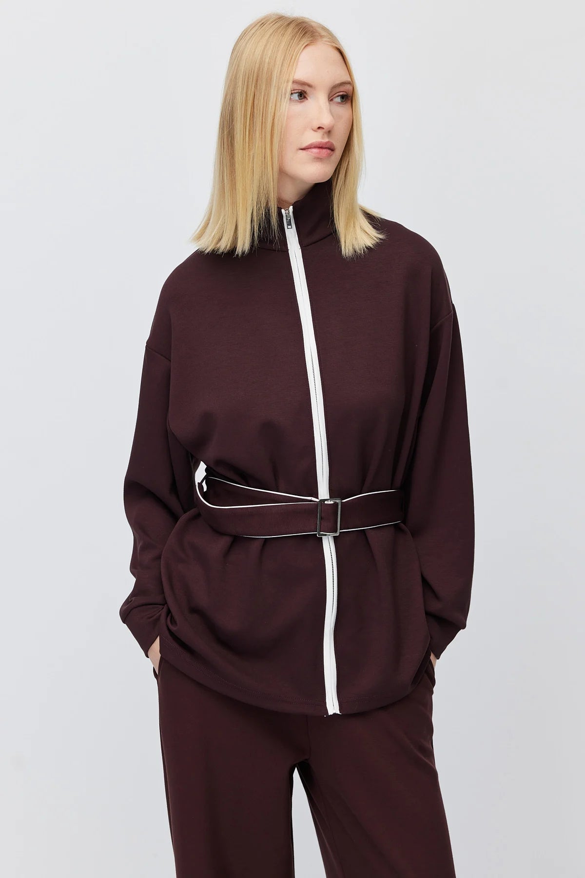 Kadın Beli Kemerli Dik Yaka Sweatshirt