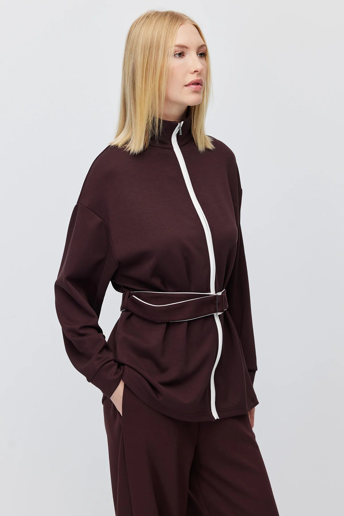 Kadın Beli Kemerli Dik Yaka Sweatshirt