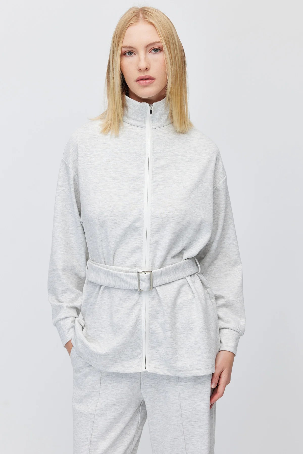 Kadın Beli Kemerli Dik Yaka Sweatshirt