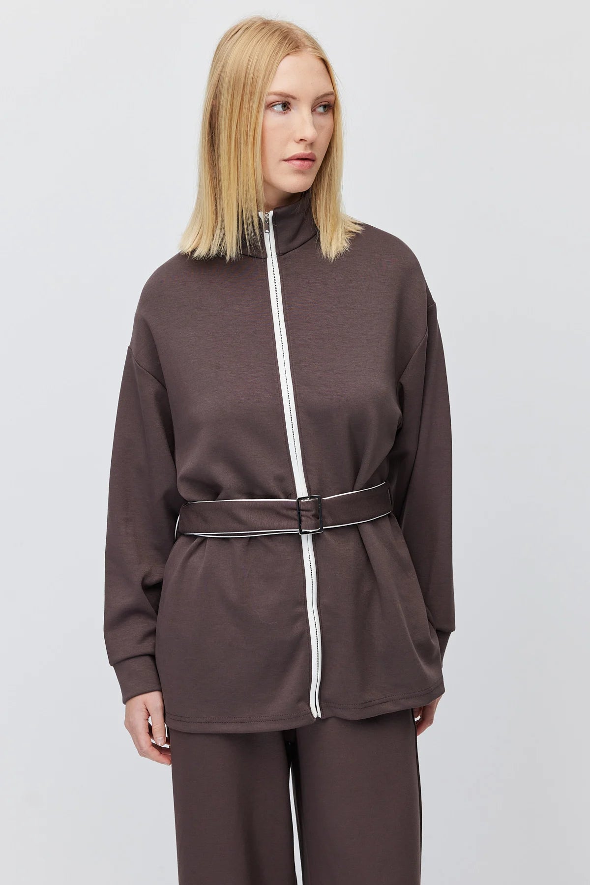 Kadın Beli Kemerli Dik Yaka Sweatshirt