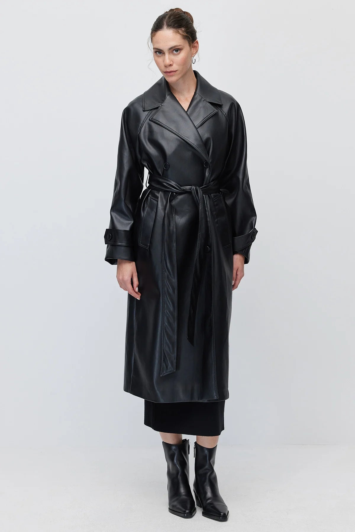 Women's Faux Leather Belted Trench Coat A trench coat