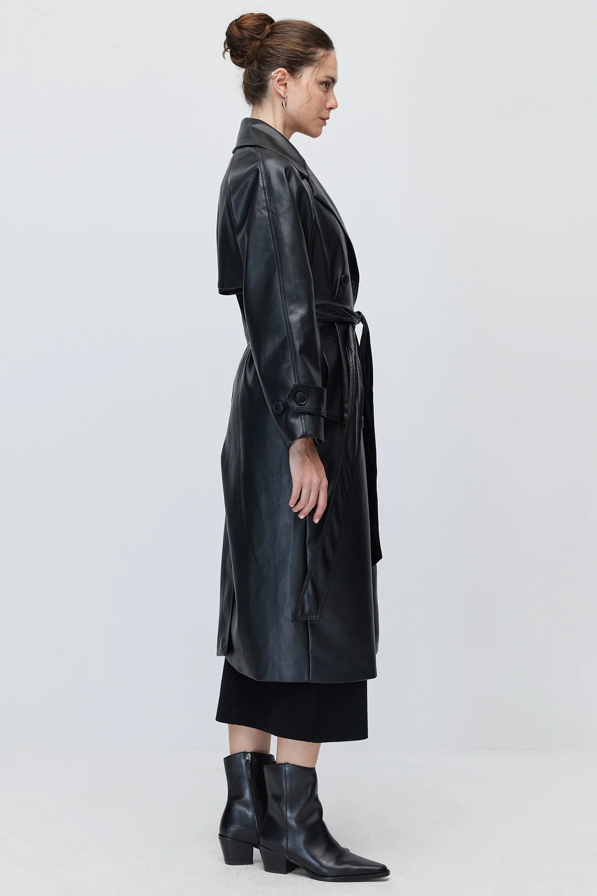 Women's Faux Leather Belted Trench Coat A trench coat