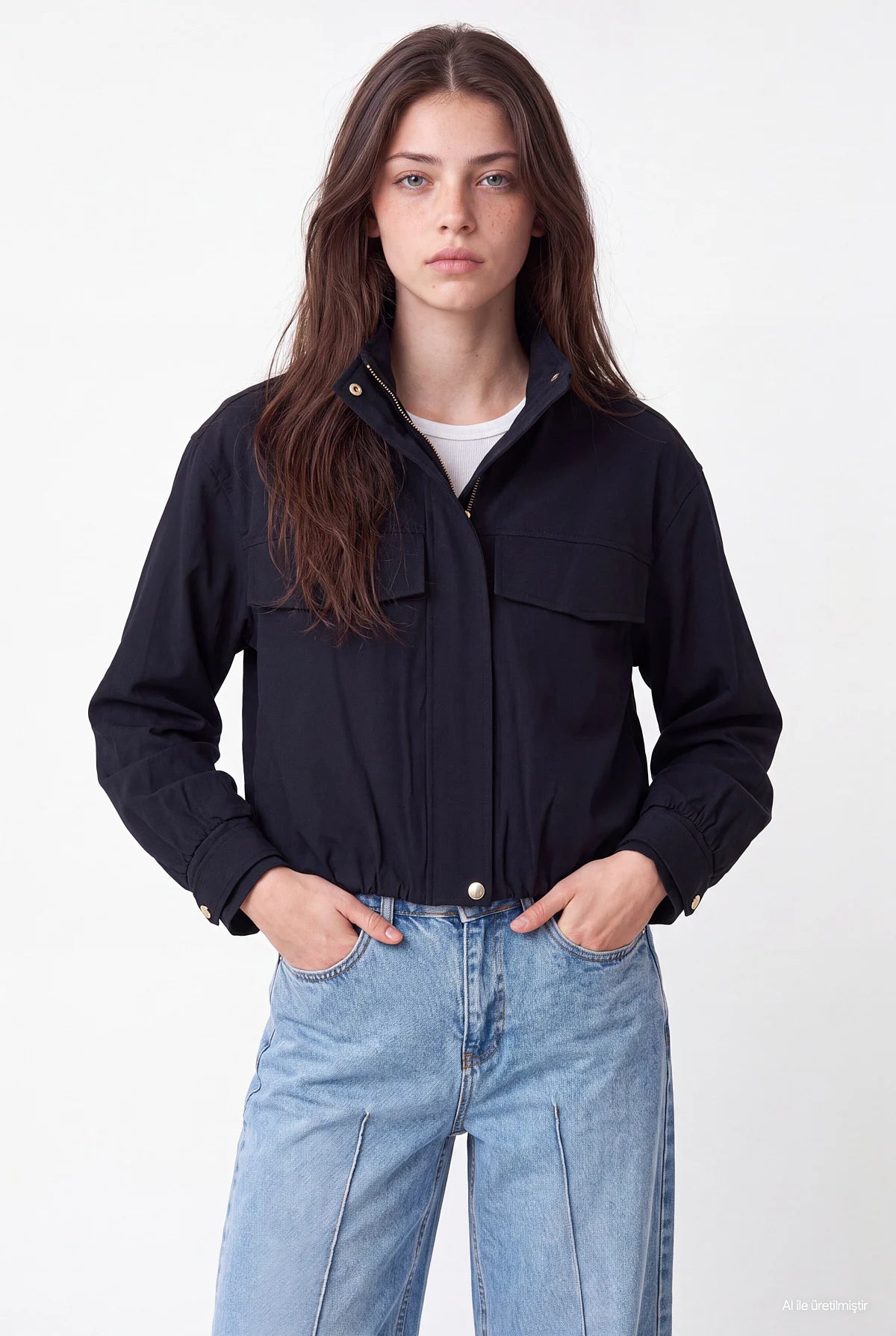 Women's Stand-Up Collar Short Slim Coat with Chest Pocket