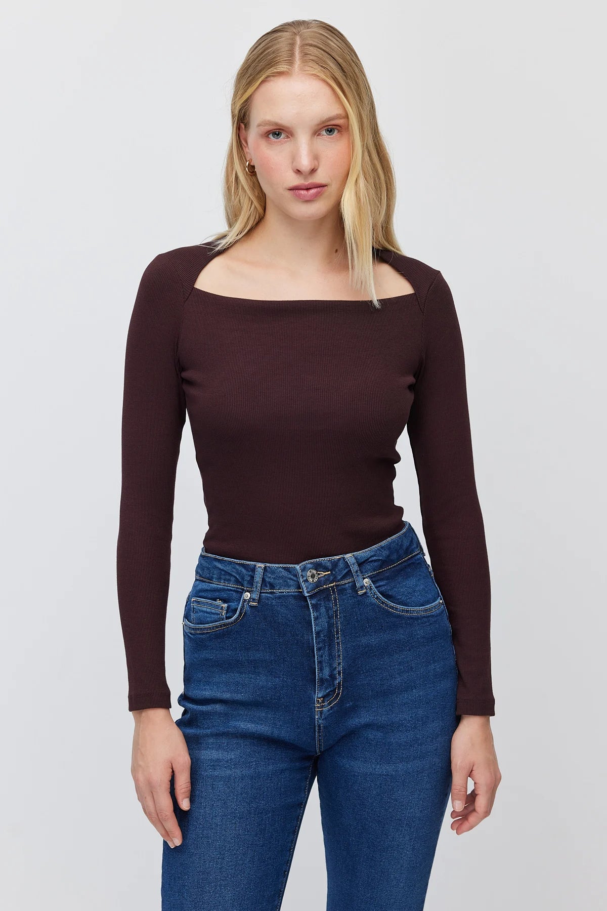Women's Square Neck Ribbed Long Sleeve Blouse