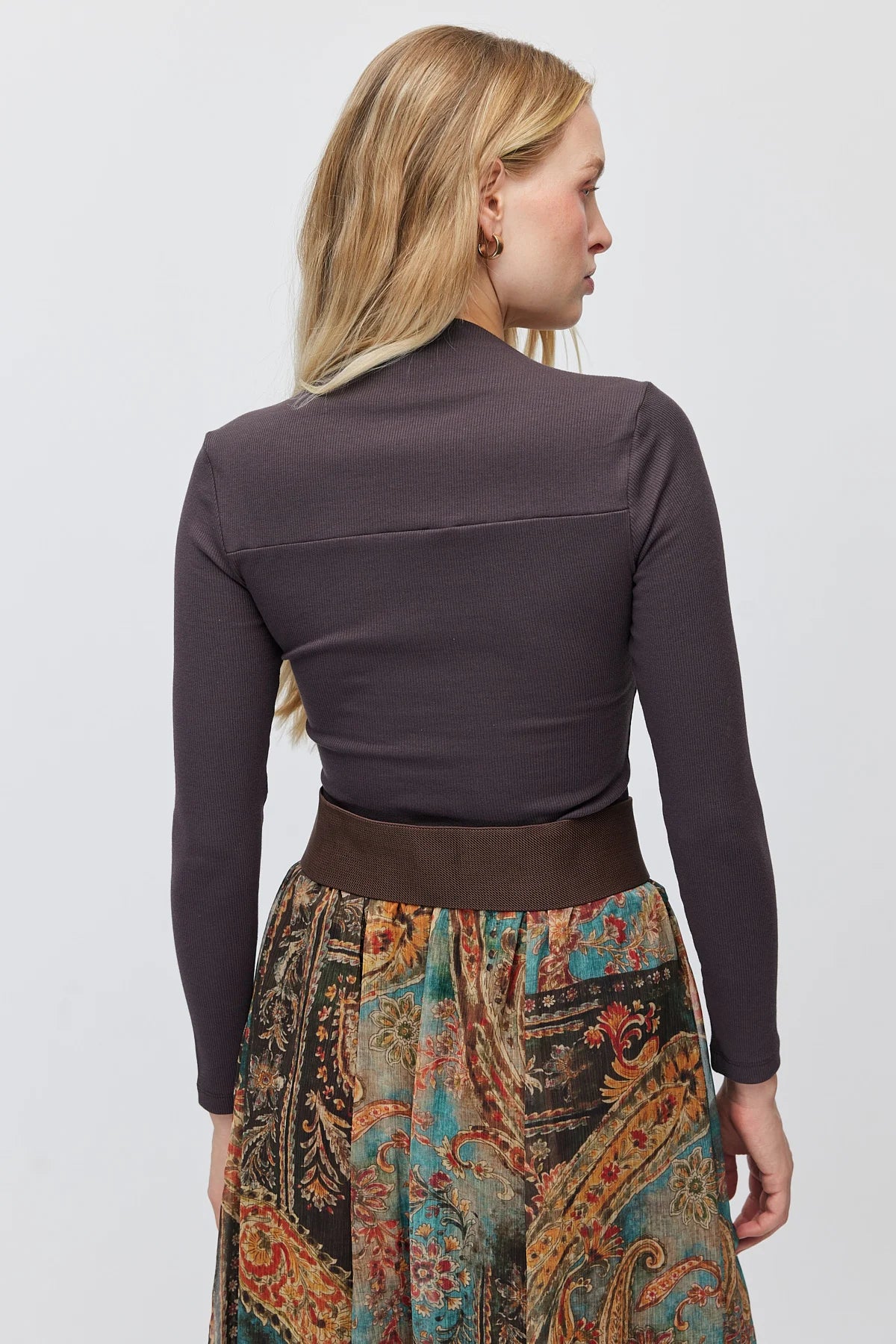 Women's Square Neck Ribbed Long Sleeve Blouse