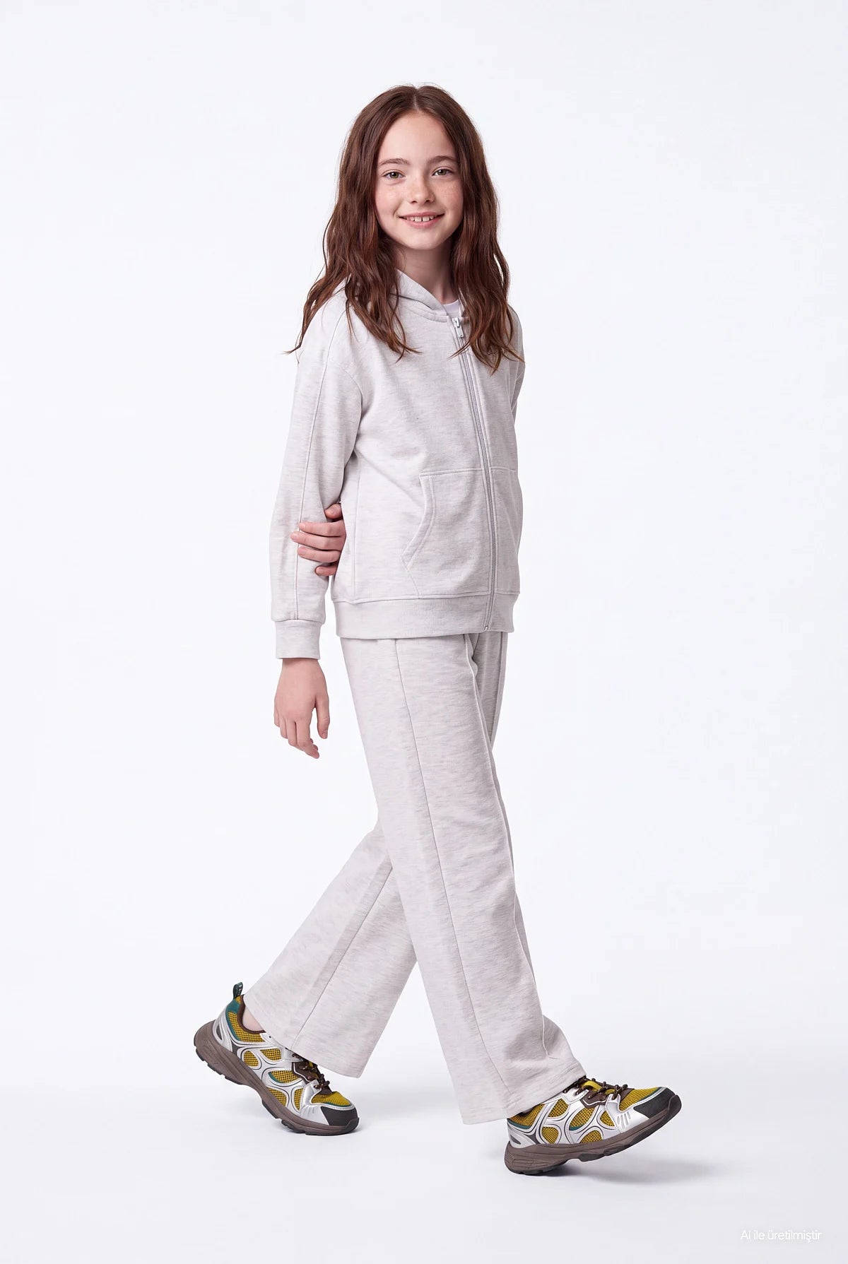Kız Çocuk Kanguru Cepli ve Fermuarlı Kapüşonlu Sweatshirt