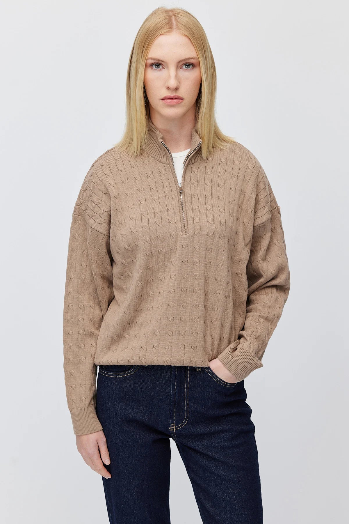 Women's Cable Knit Half Turtleneck Zipper Sweater