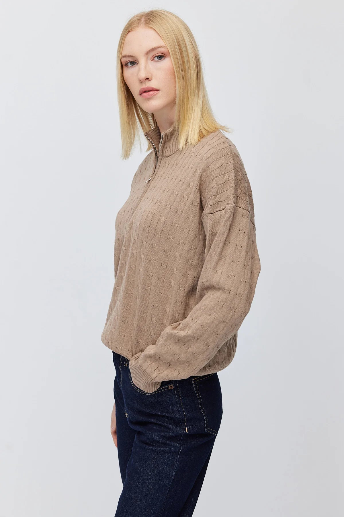 Women's Cable Knit Half Turtleneck Zipper Sweater