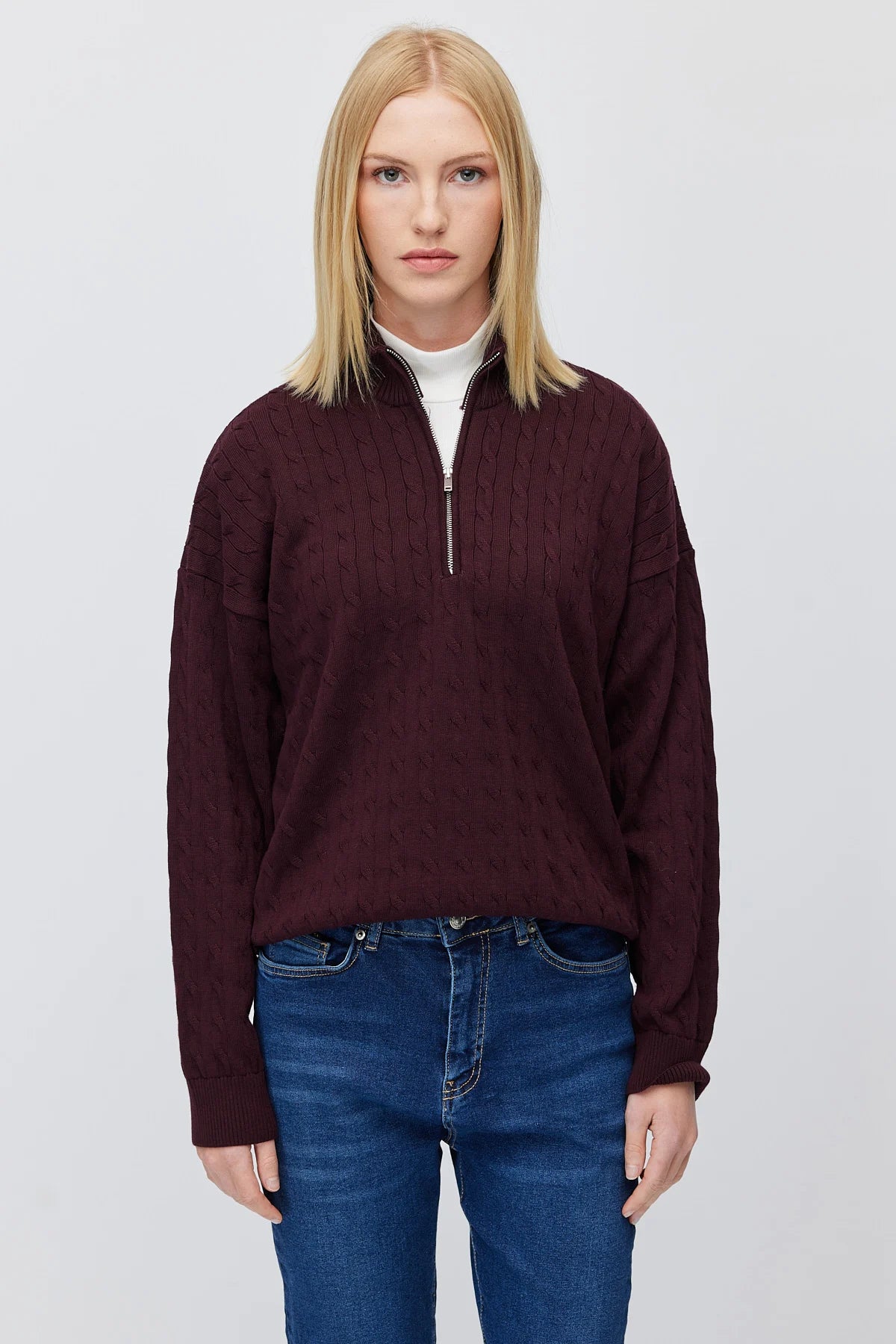 Women's Cable Knit Half Turtleneck Zipper Sweater