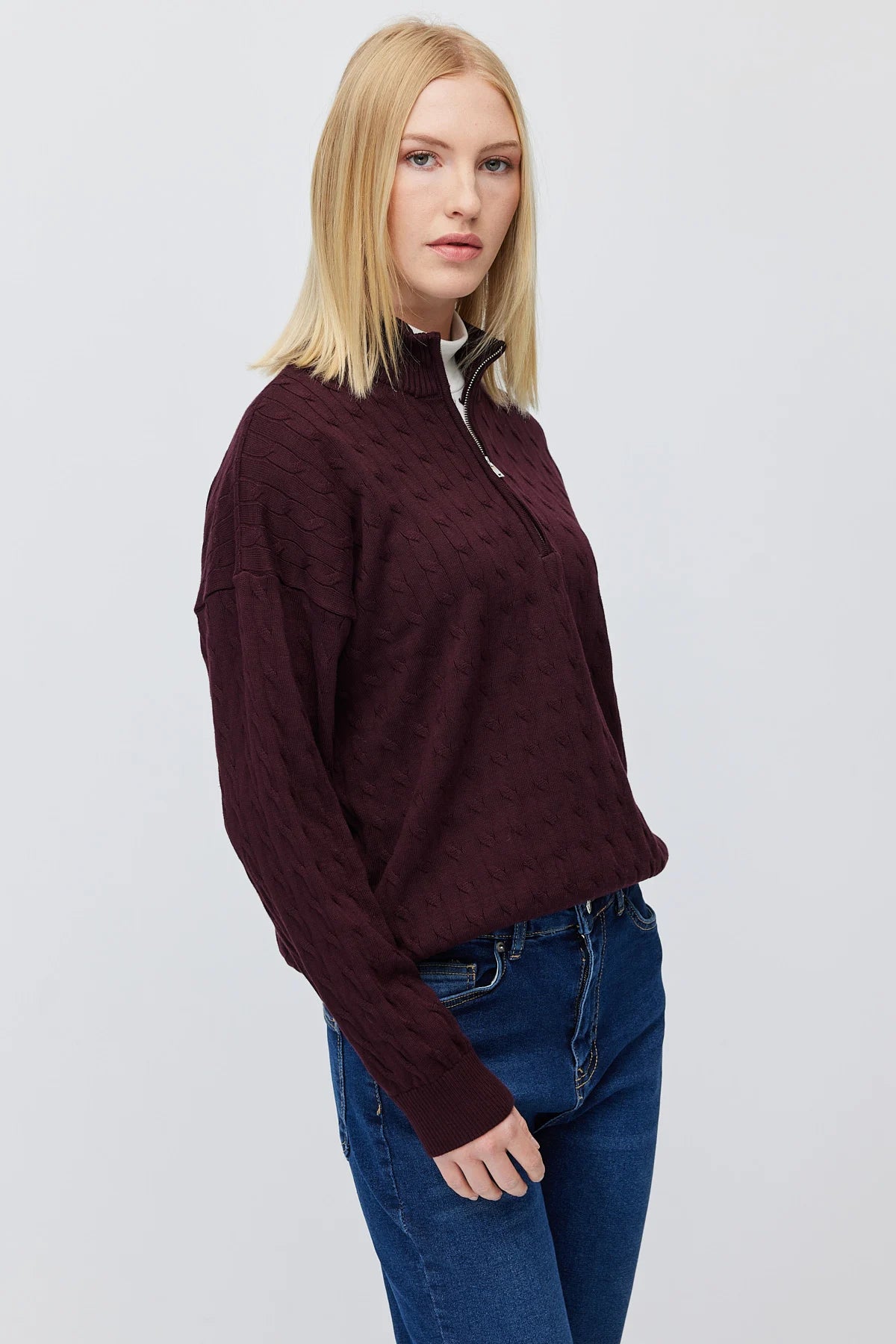 Women's Cable Knit Half Turtleneck Zipper Sweater