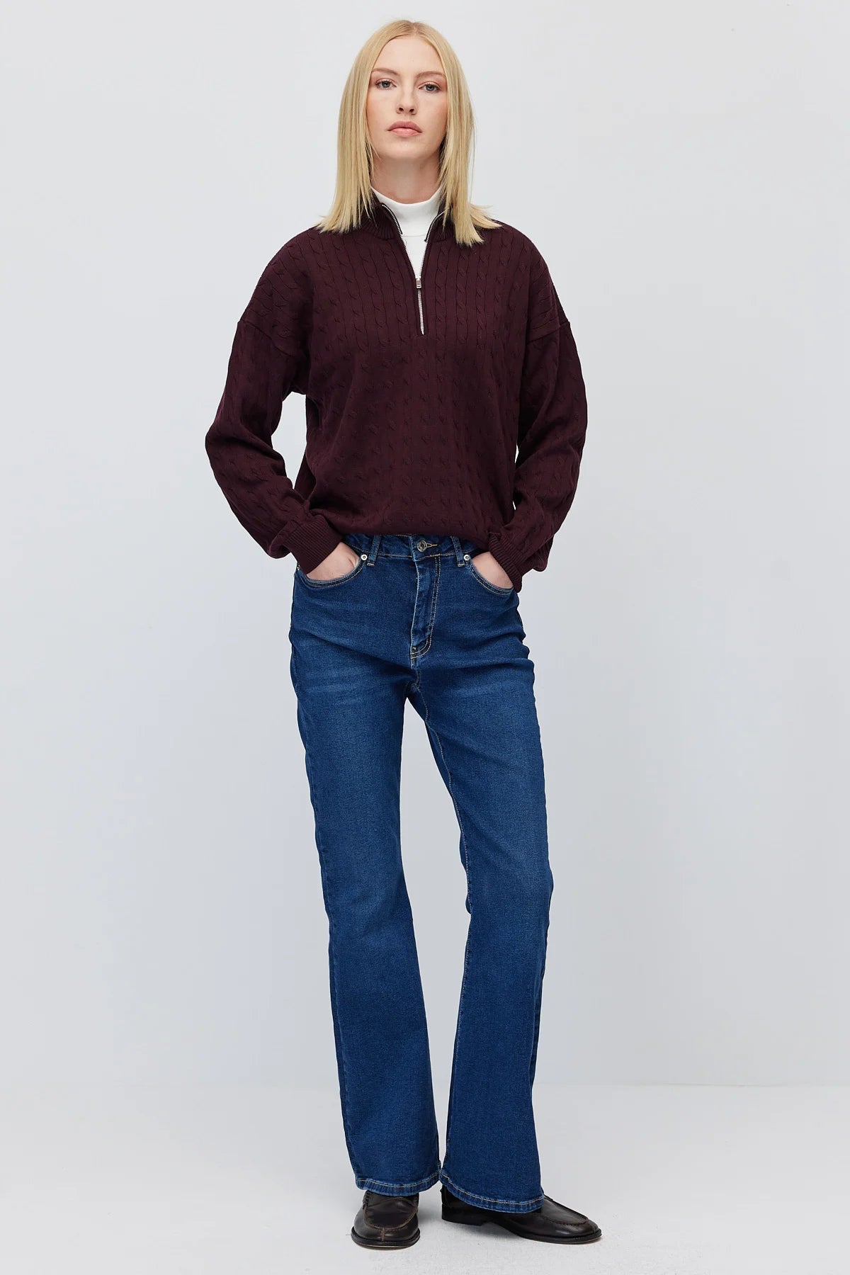 Women's Cable Knit Half Turtleneck Zipper Sweater