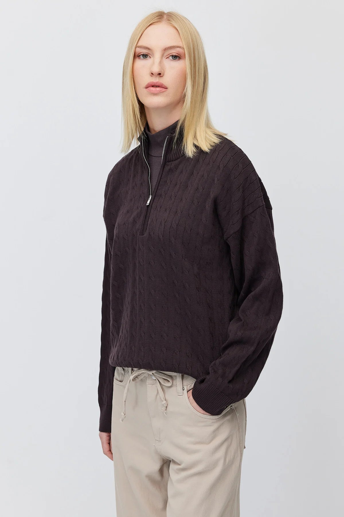 Women's Cable Knit Half Turtleneck Zipper Sweater