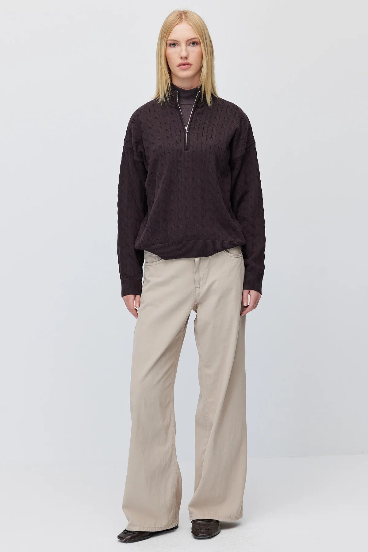Women's Cable Knit Half Turtleneck Zipper Sweater
