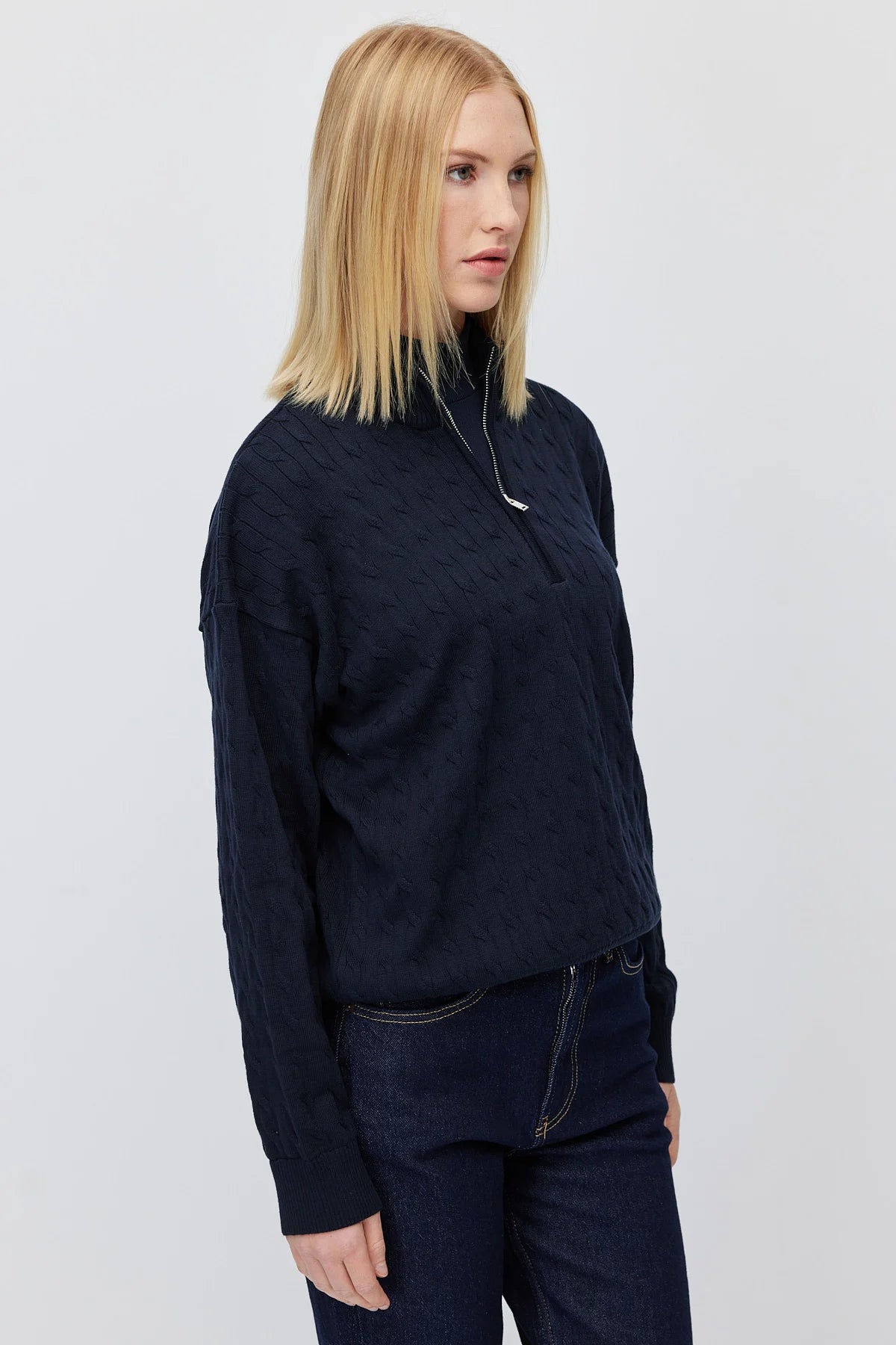 Women's Cable Knit Half Turtleneck Zipper Sweater