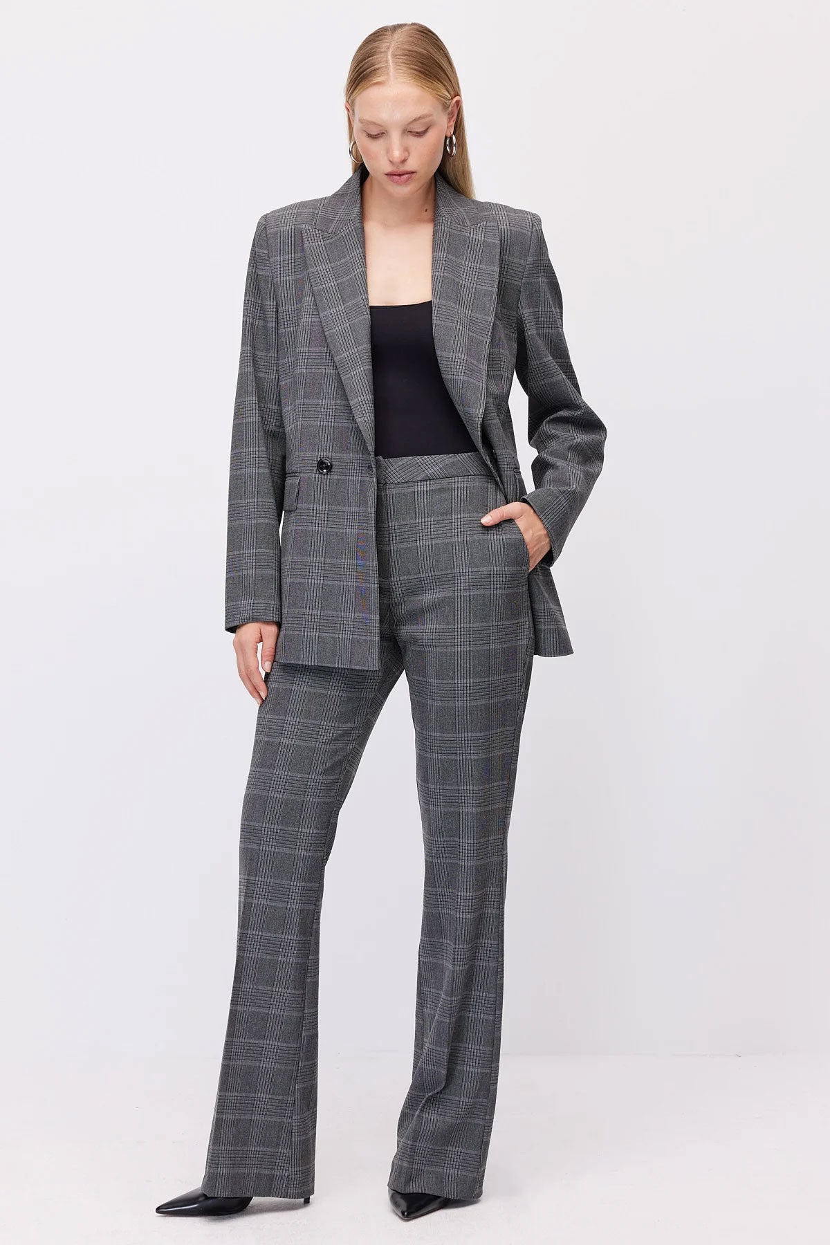 Women's Plaid High-Waisted Flare Fabric Trousers