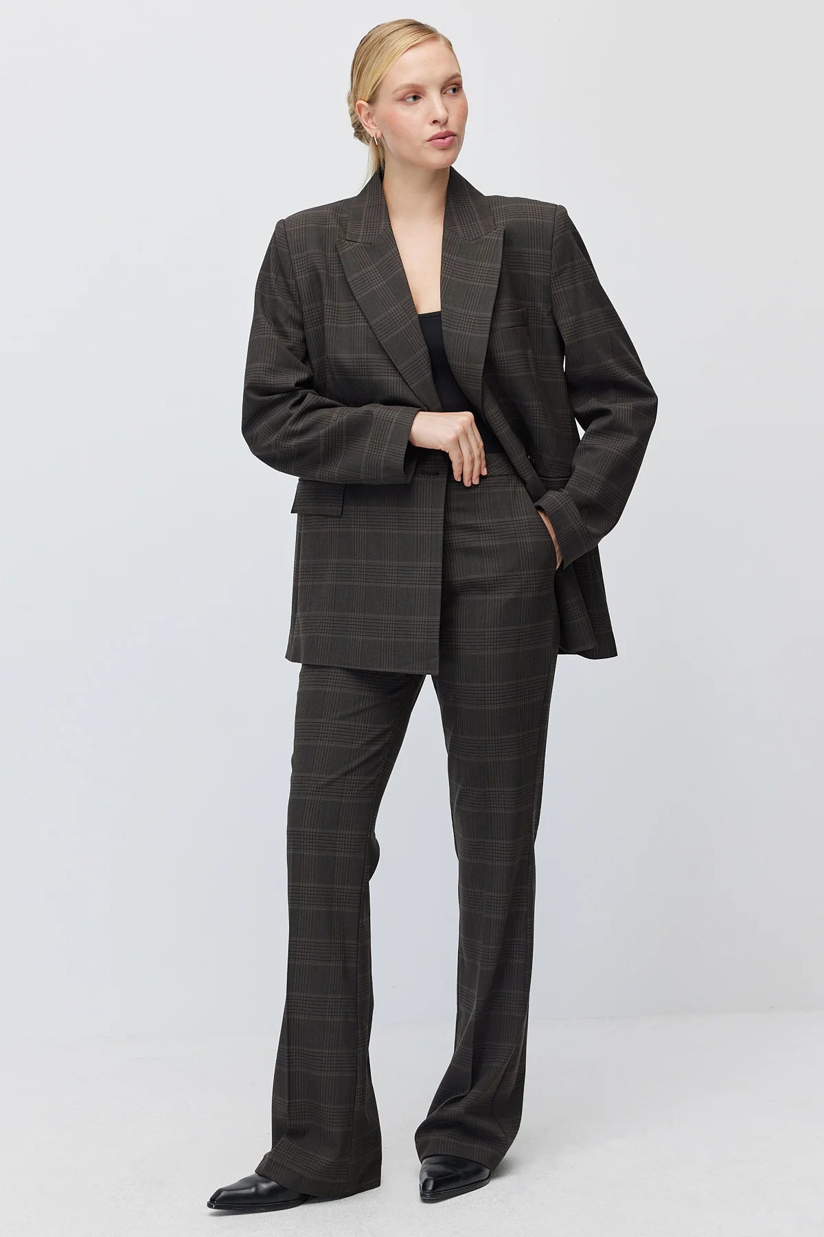 Women's Plaid High-Waisted Flare Fabric Trousers