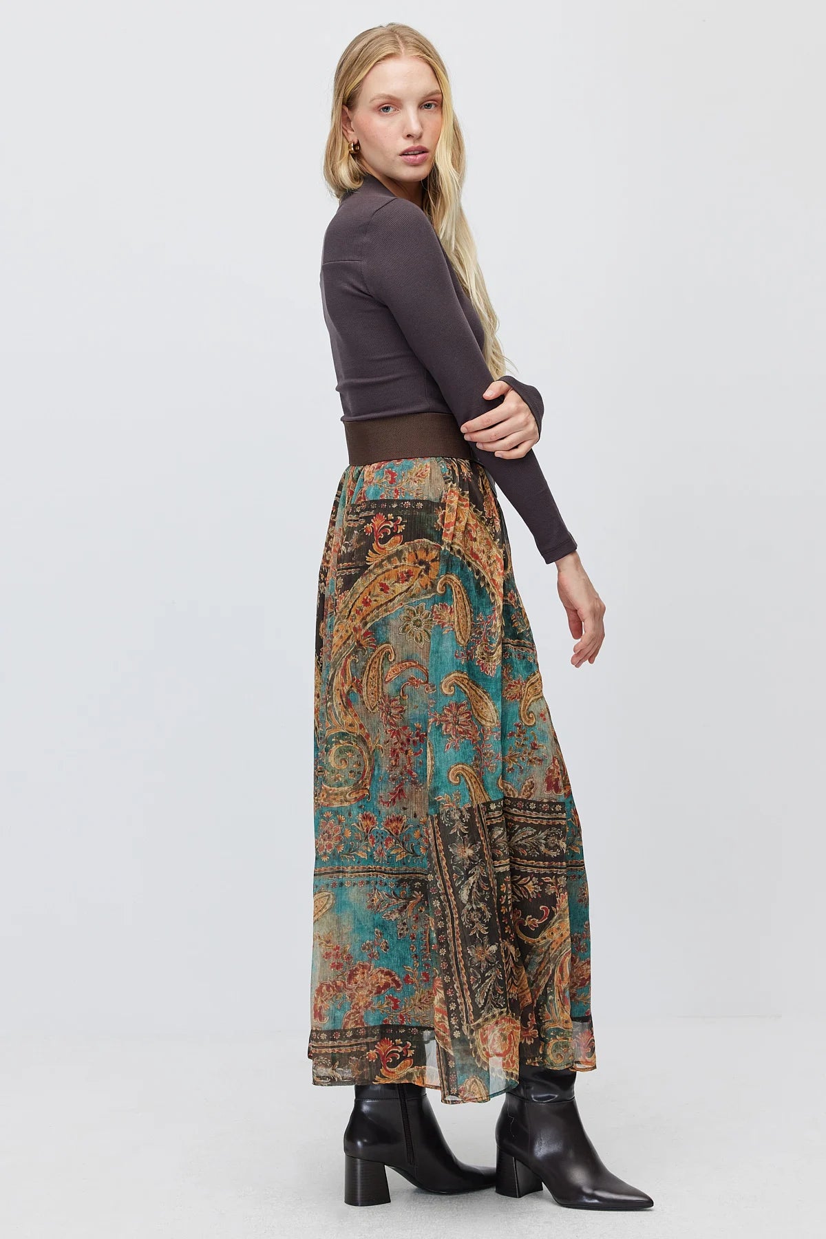 Women's Shawl Patterned Tulle Fabric Long Skirt