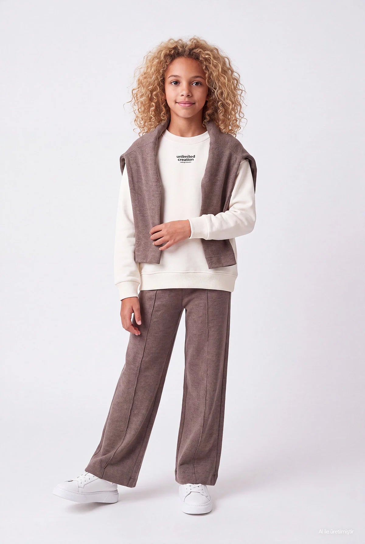 Girls' Loose Fit Textured Sweatpants with Stitching Detail