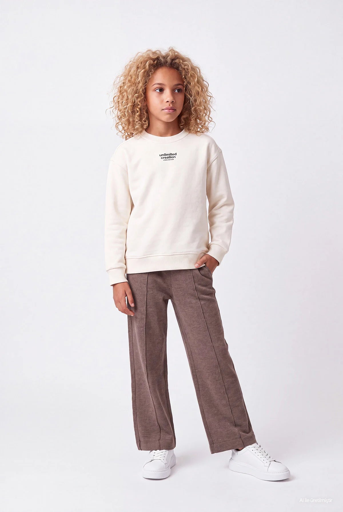 Girls' Loose Fit Textured Sweatpants with Stitching Detail