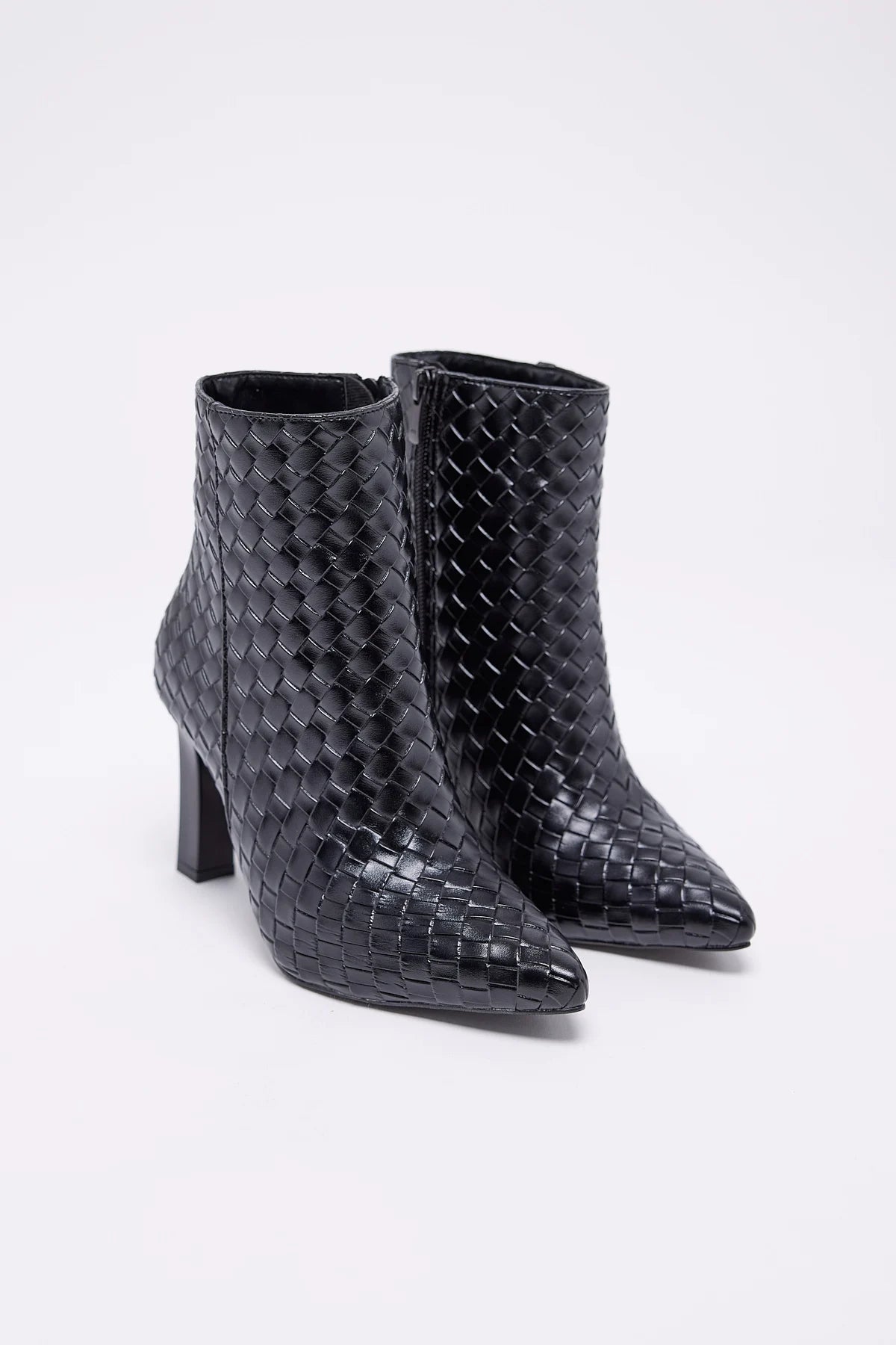 Printed leather women's knitted textured pointed toe heeled boots