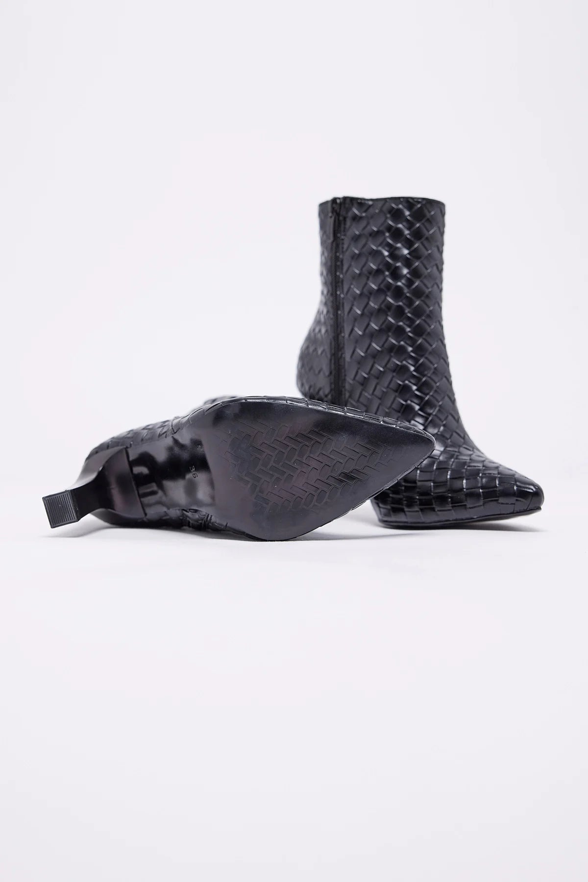 Printed leather women's knitted textured pointed toe heeled boots