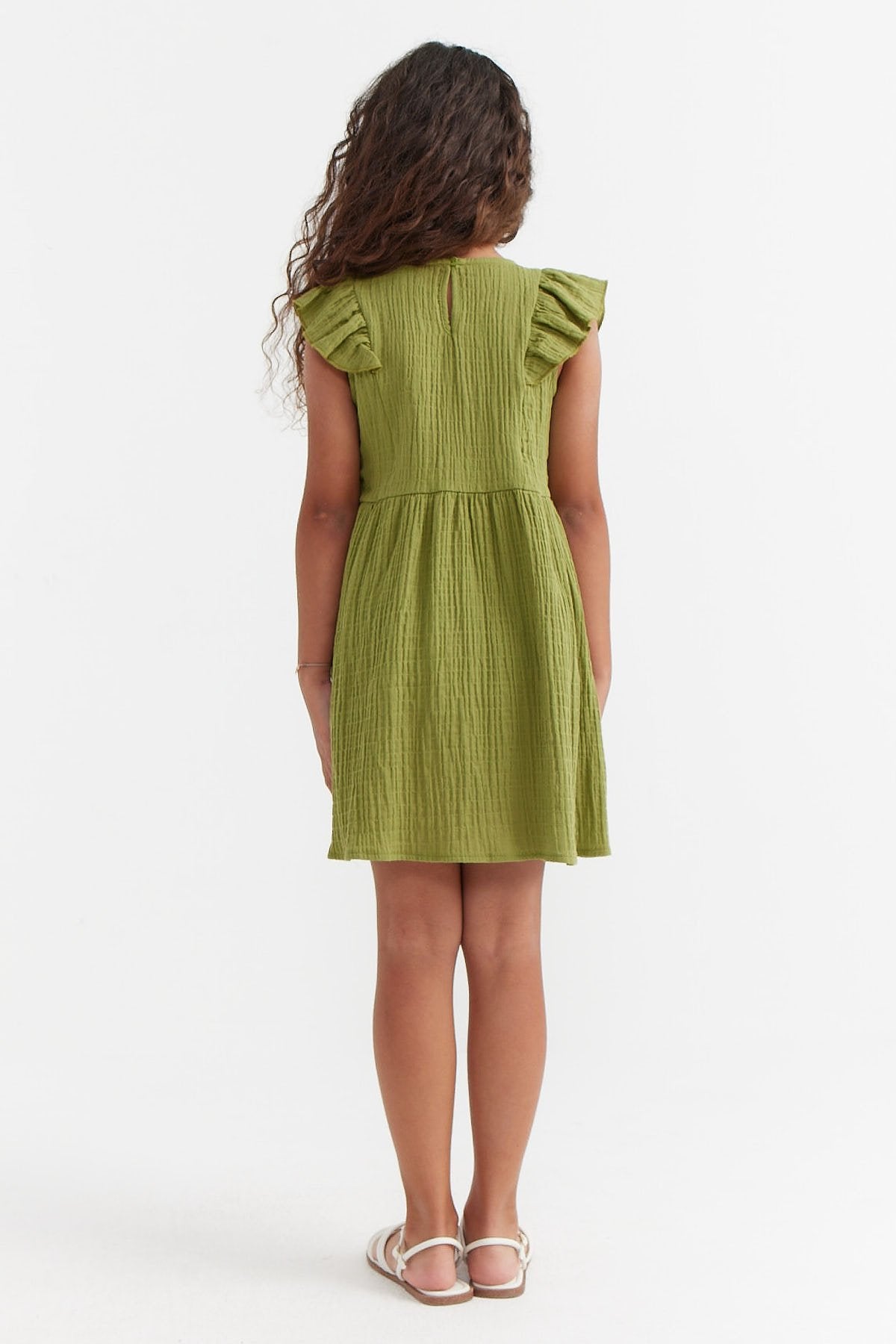 Girl's Textured Dress with Ruffle Sleeve Detail